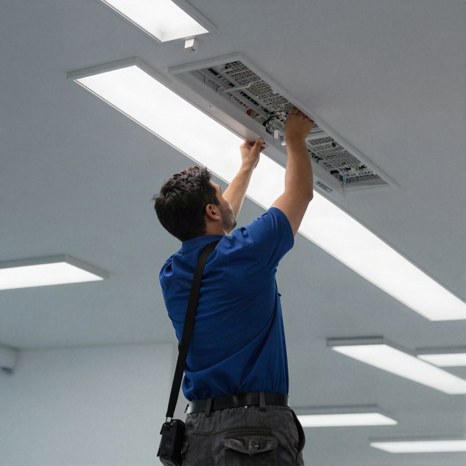 كهربائي يركّب ألواح إضاءة LED في السقف داخل مكتب