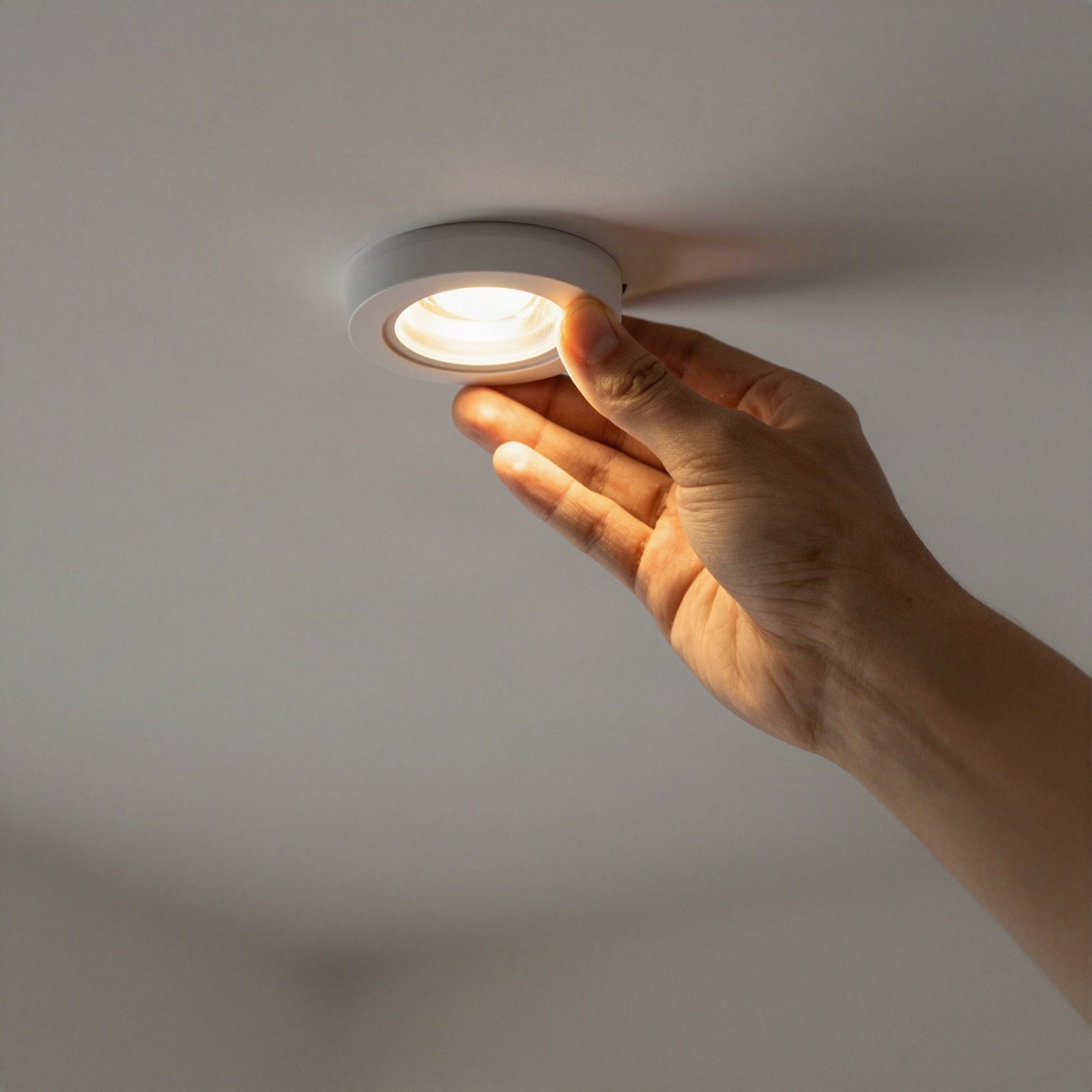 يد تركّب مصباح LED غائرًا في سقف أبيض