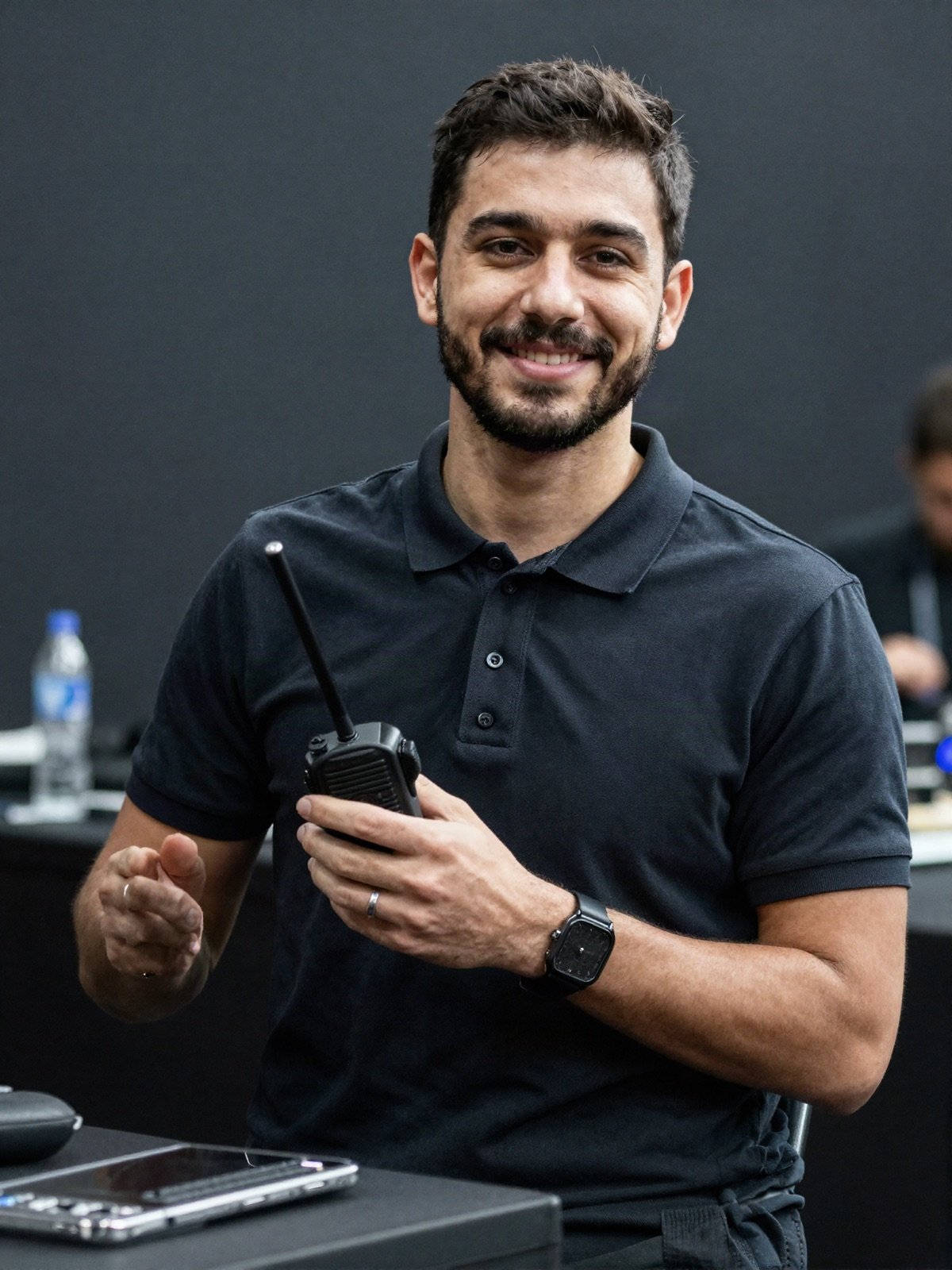 مدير الإنتاج يحمل جهاز لاسلكي خلف الكواليس
