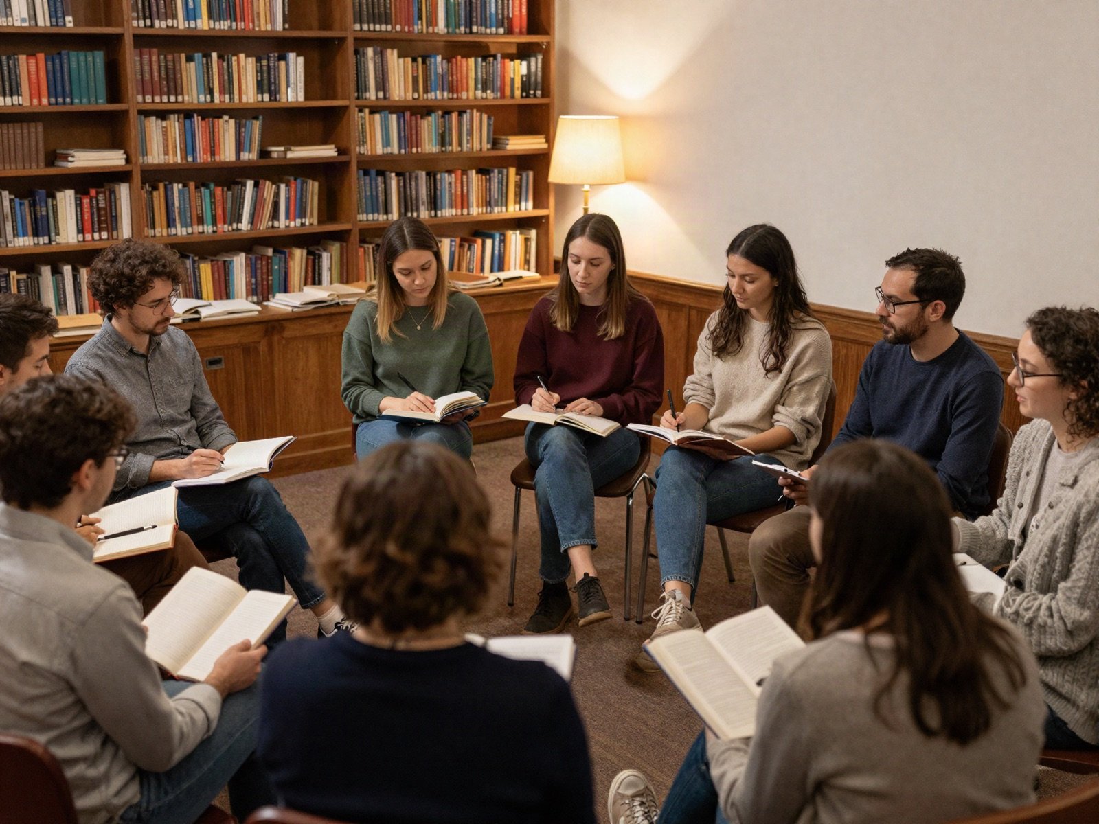 مجموعة دراسة للكبار تجلس في دائرة مع كتب مفتوحة في مكتبة الكنيسة