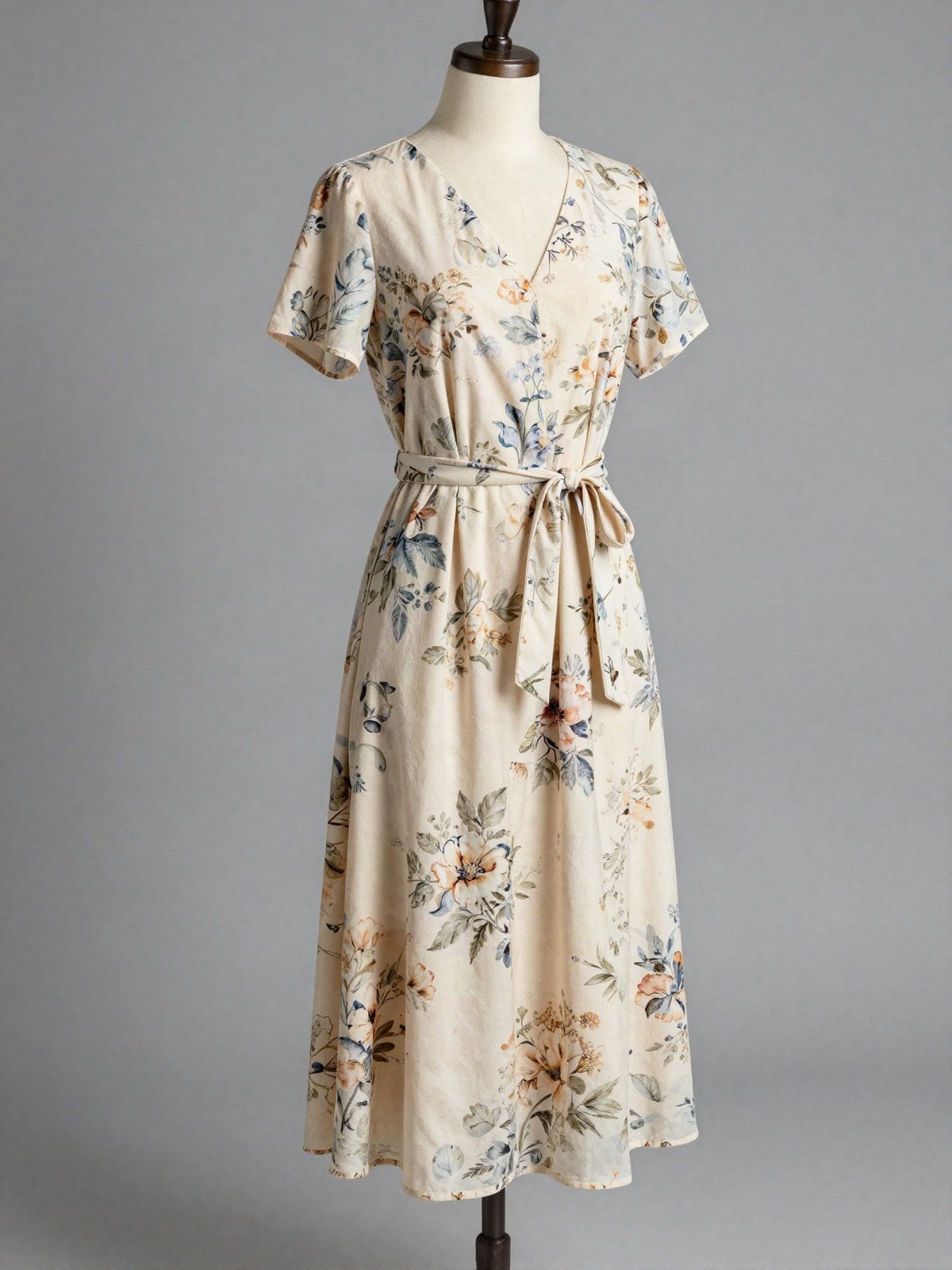 فستان كريمي مزهر متوسط الطول بحزام معقود على مجسم عرض