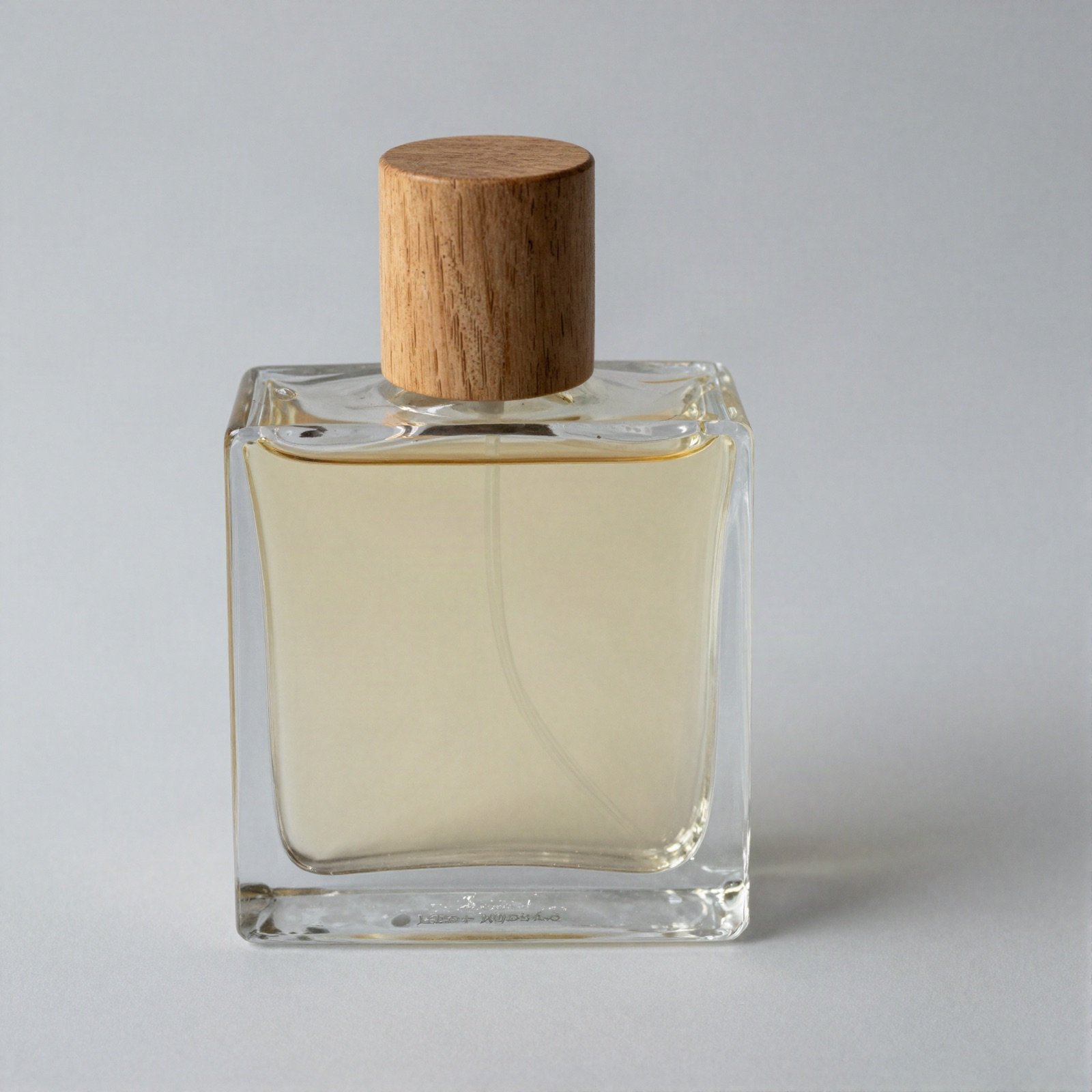 زجاجة عطر زجاجية مربعة بعطر ذهبي وغطاء خشبي
