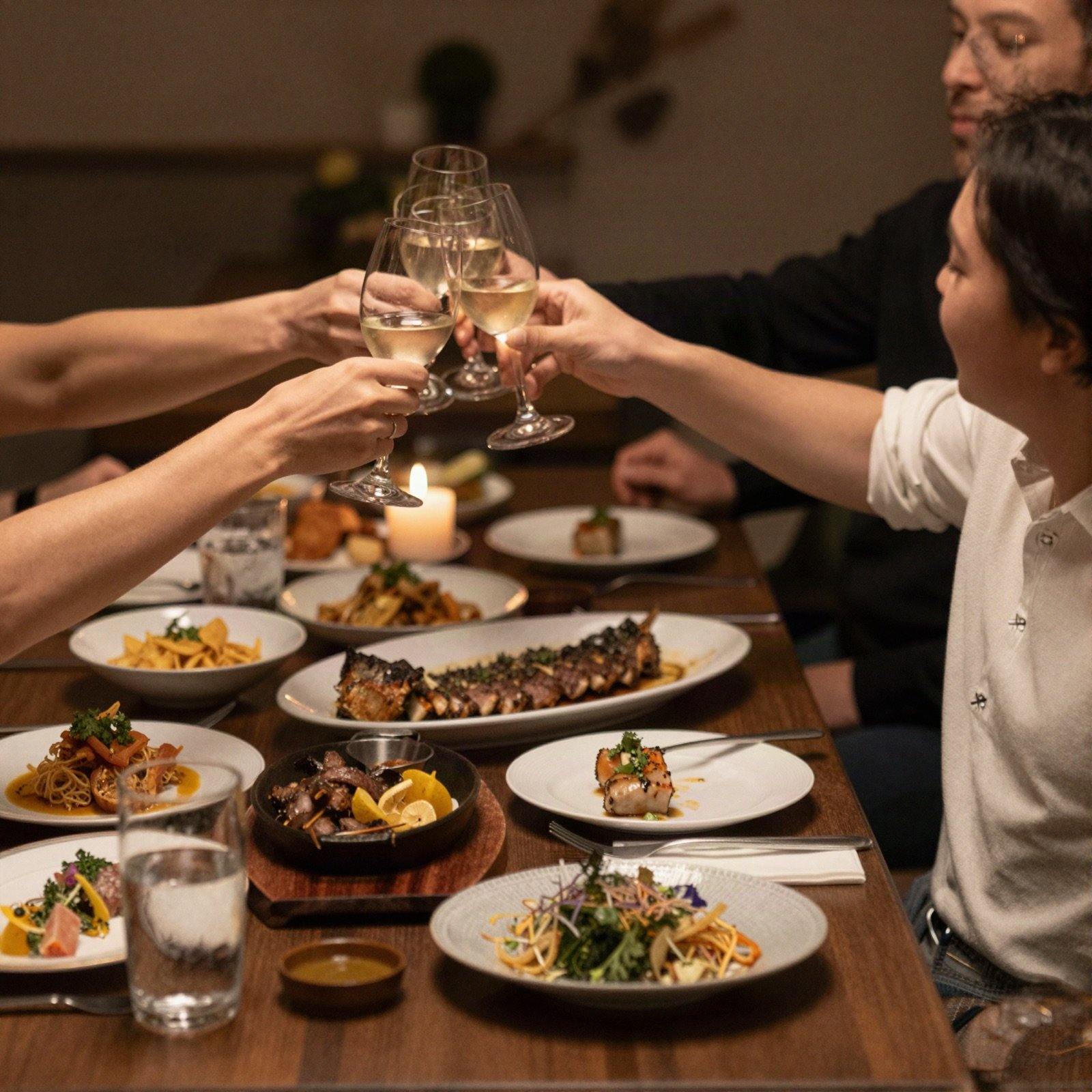 أصدقاء يرفعون كؤوسهم فوق مائدة من الأطباق المشتركة