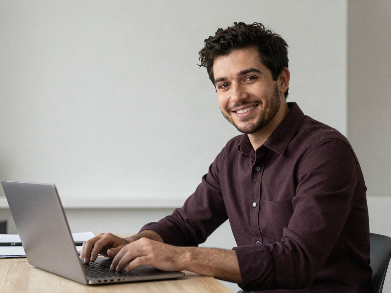 فراس غانم مبتسمًا أمام حاسوب محمول في استوديو مشرق