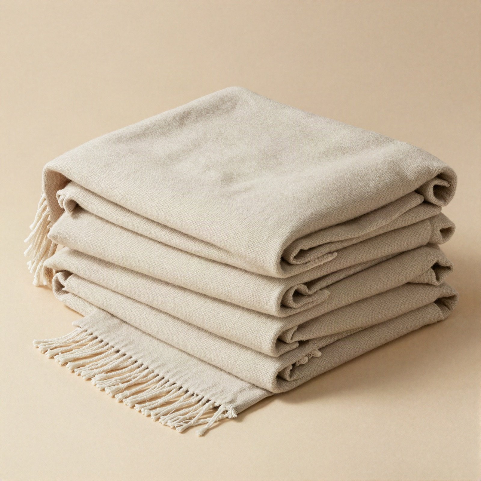 Folded oatmeal wool throw blanket with fringed edges