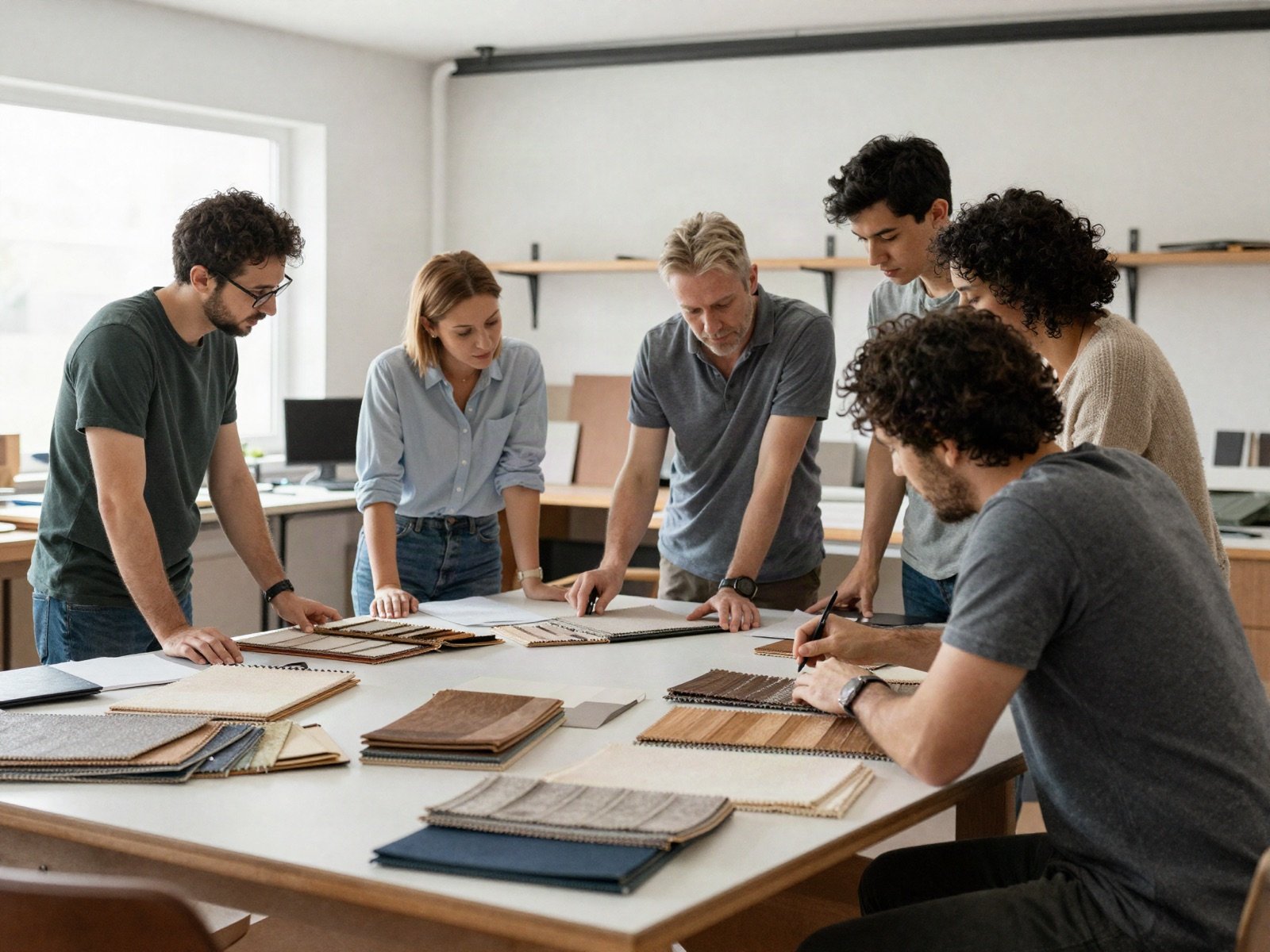 Furniture design team reviewing fabric and wood samples around a studio table
