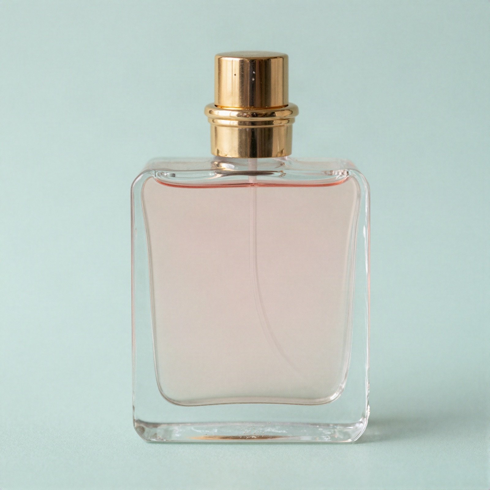 زجاجة عطر بسائل وردي فاتح وغطاء ذهبي