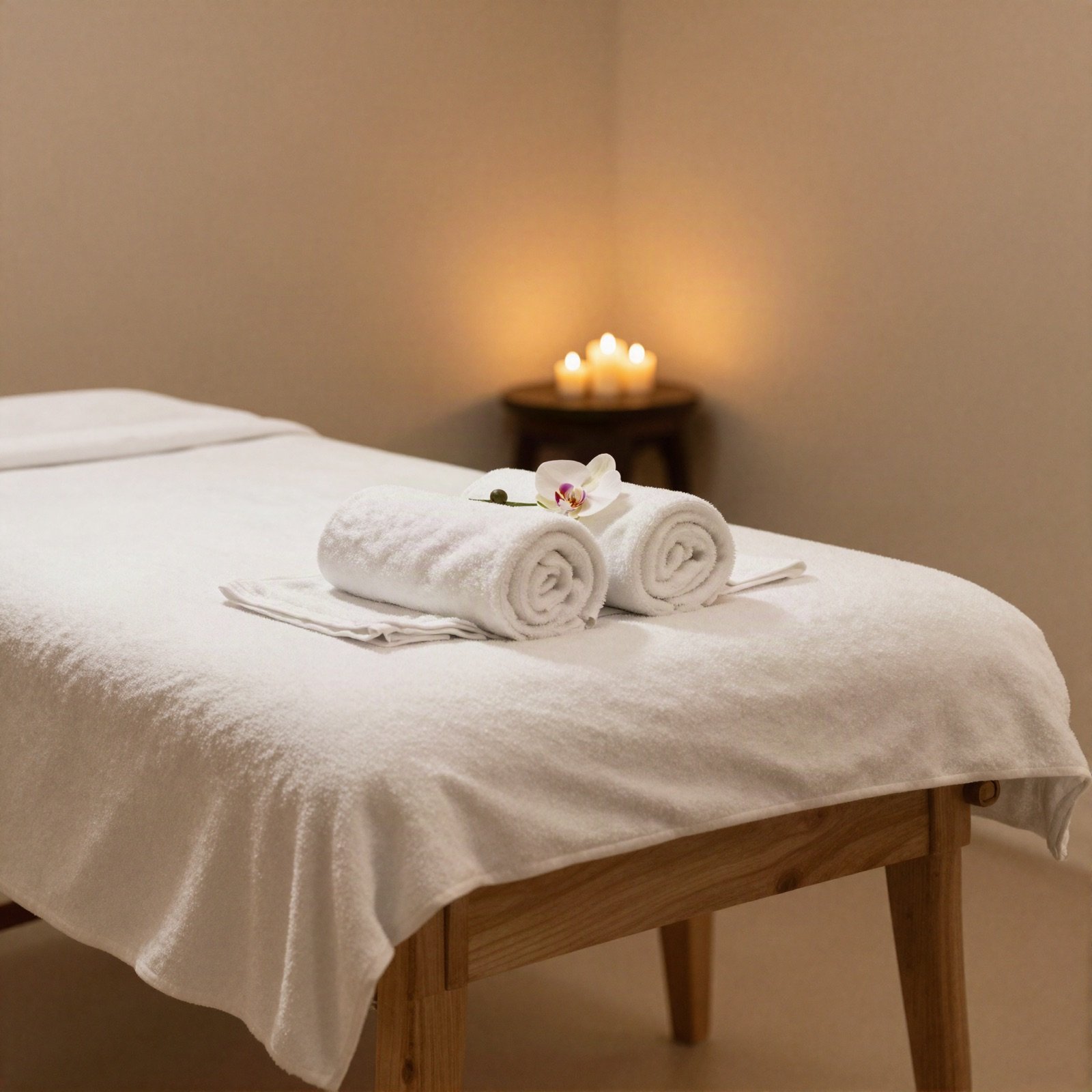 غرفة علاج في السبا بطاولة تدليك ومناشف ملفوفة وشموع