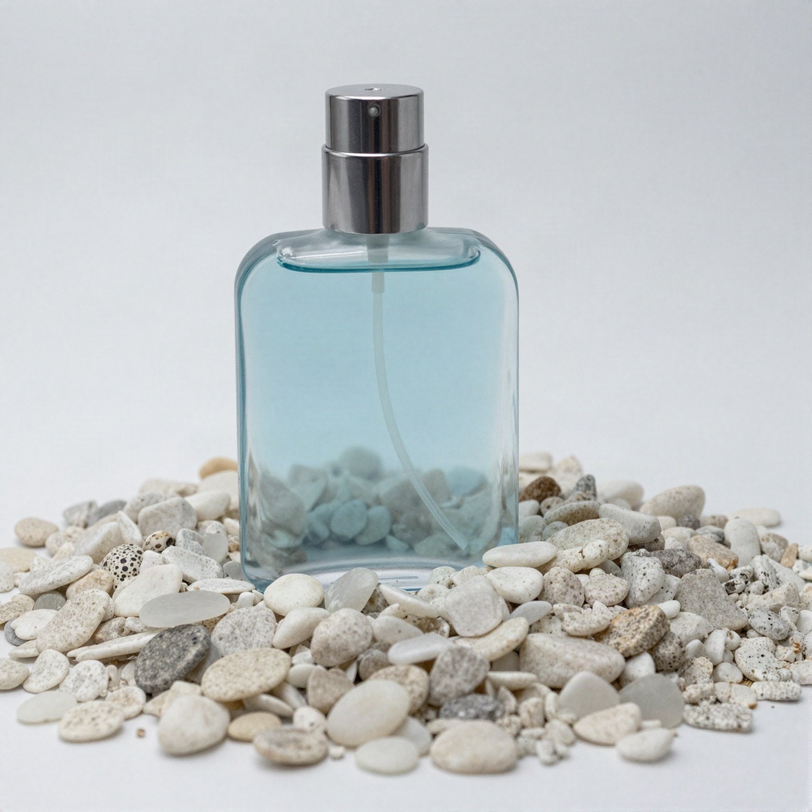 زجاجة عطر زرقاء فاتحة بغطاء فضي على حصى أبيض