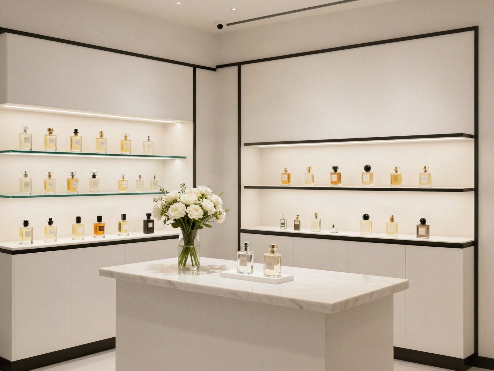بوتيك عطور مشرق برفوف مضاءة من العطور وطاولة رخامية عليها ورود بيضاء