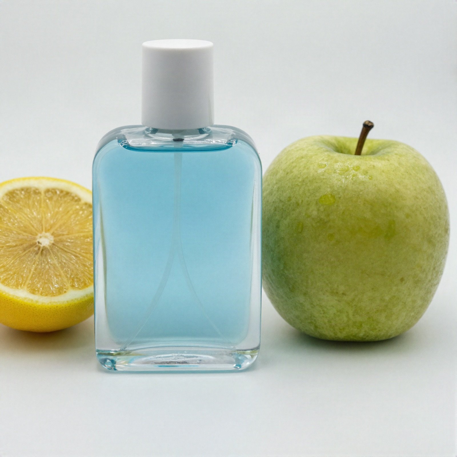 زجاجة عطر زرقاء فاتحة بغطاء أبيض بجوار نصف ليمونة وتفاحة خضراء