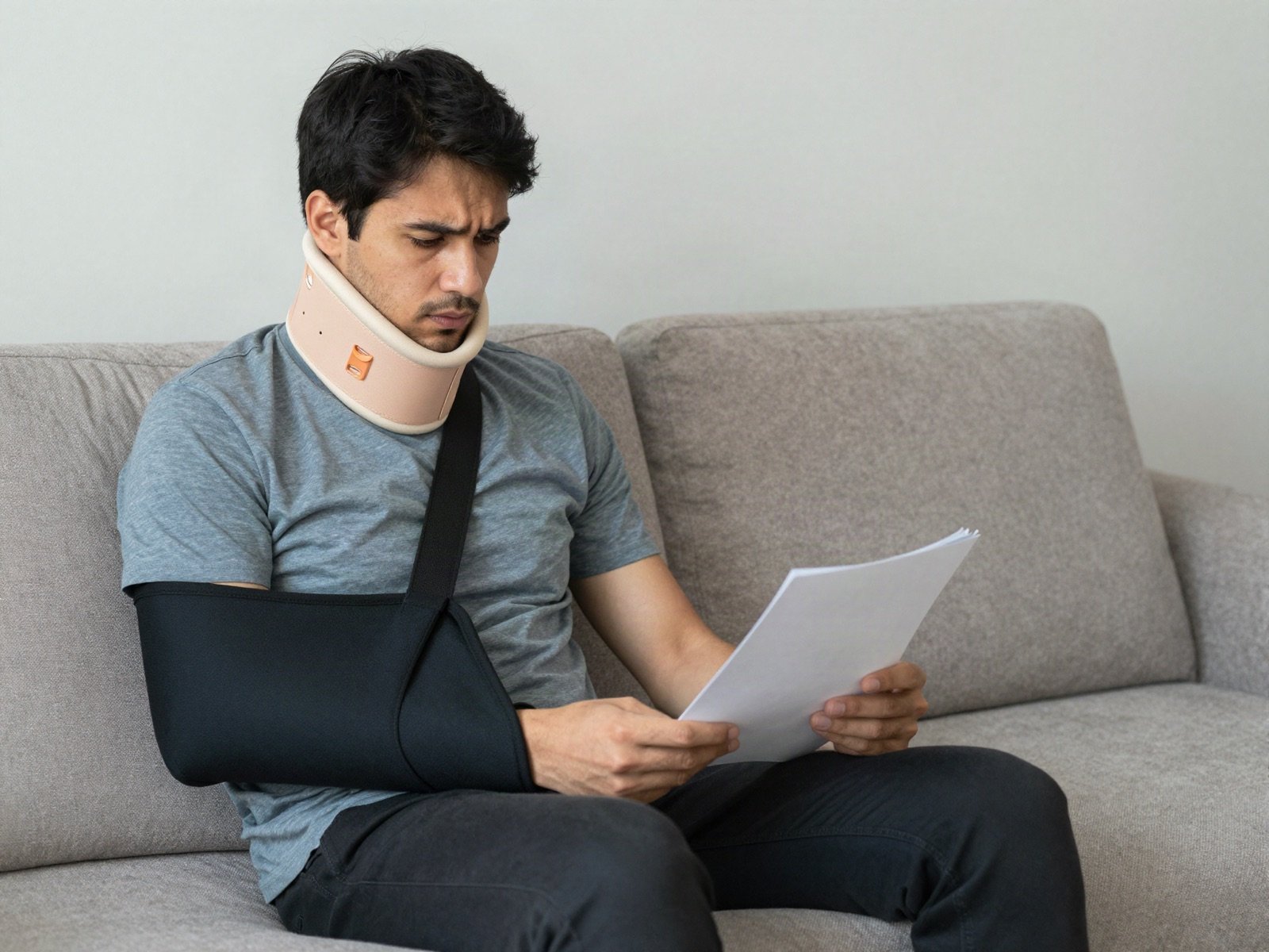 رجل يرتدي دعامة رقبة وحمالة ذراع يقرأ أوراقًا على الأريكة