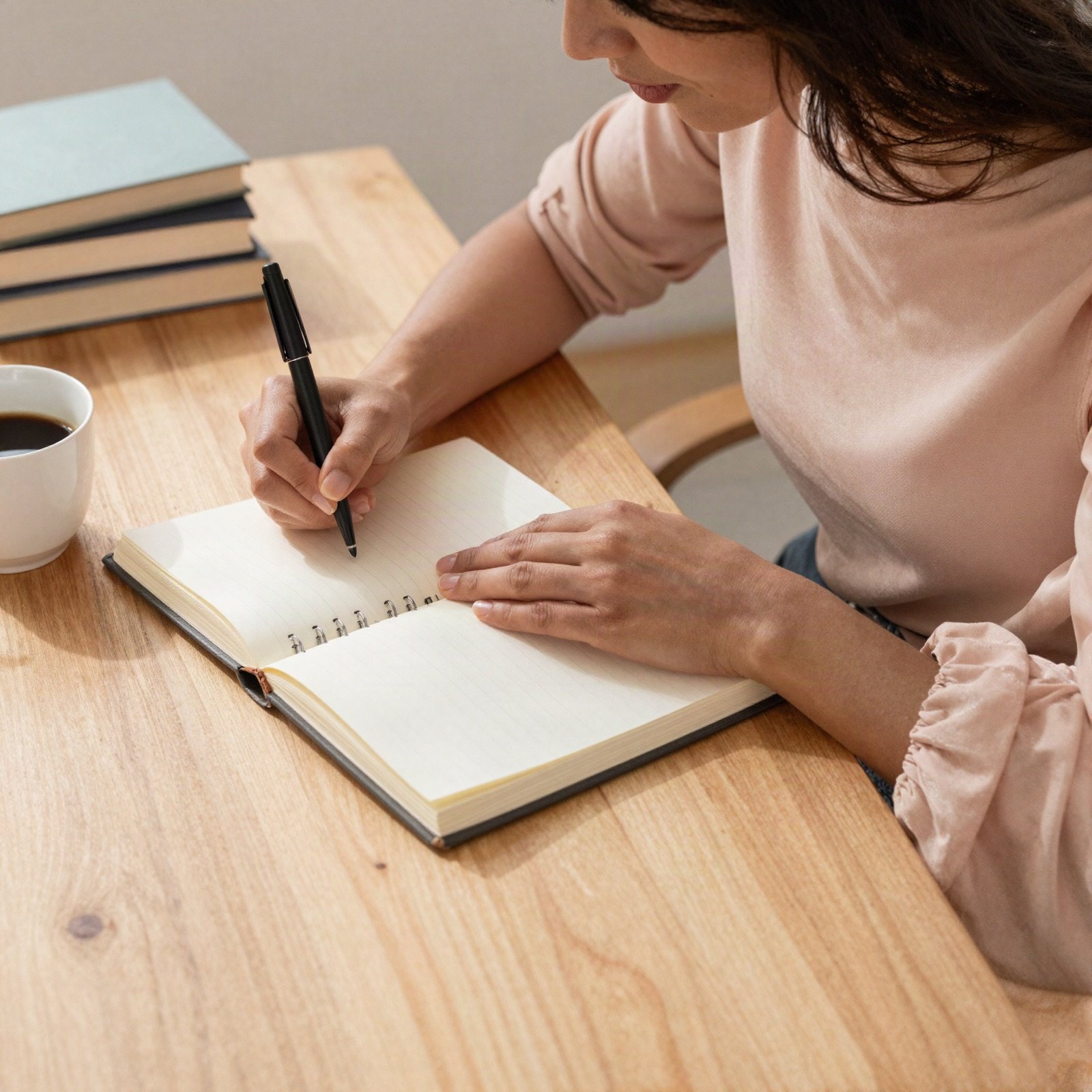 مؤلفة تكتب بخط اليد في دفتر على مكتب خشبي مشمس