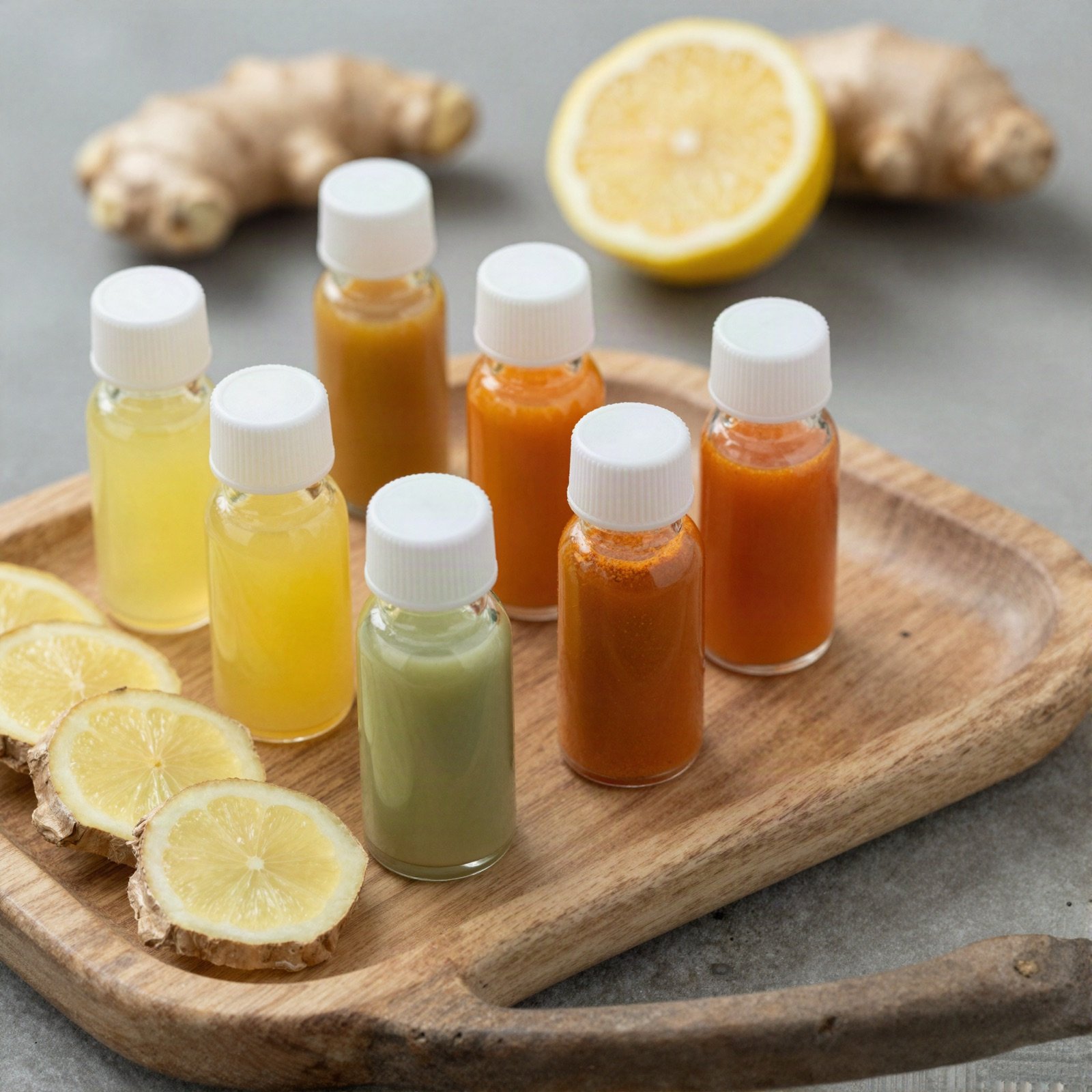 جرعات صحية من الزنجبيل والكركم وعشب القمح على صينية خشبية