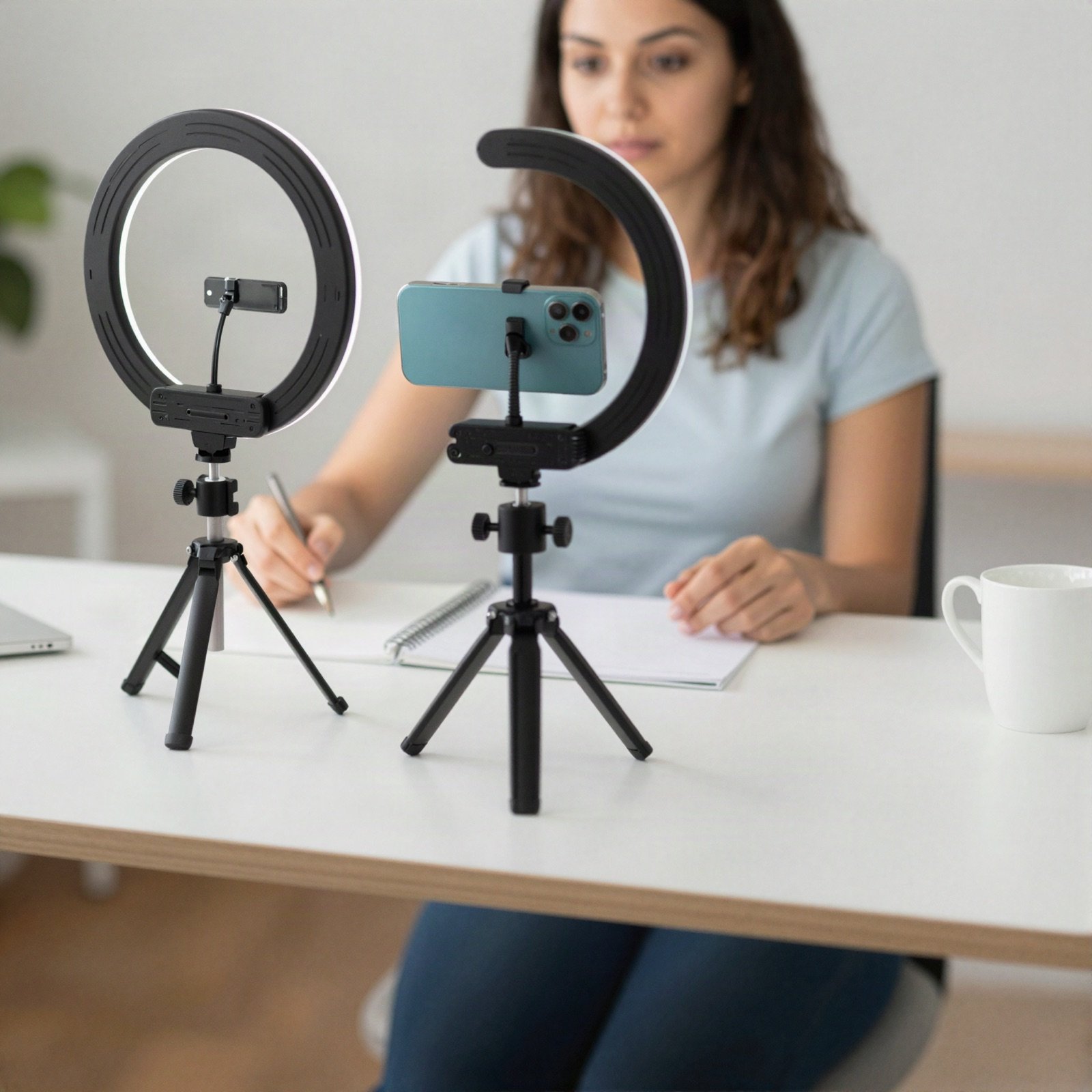 صانع محتوى يسجّل فيديو لوسائل التواصل بهاتف ذكي على حامل ثلاثي مع أضواء حلقية