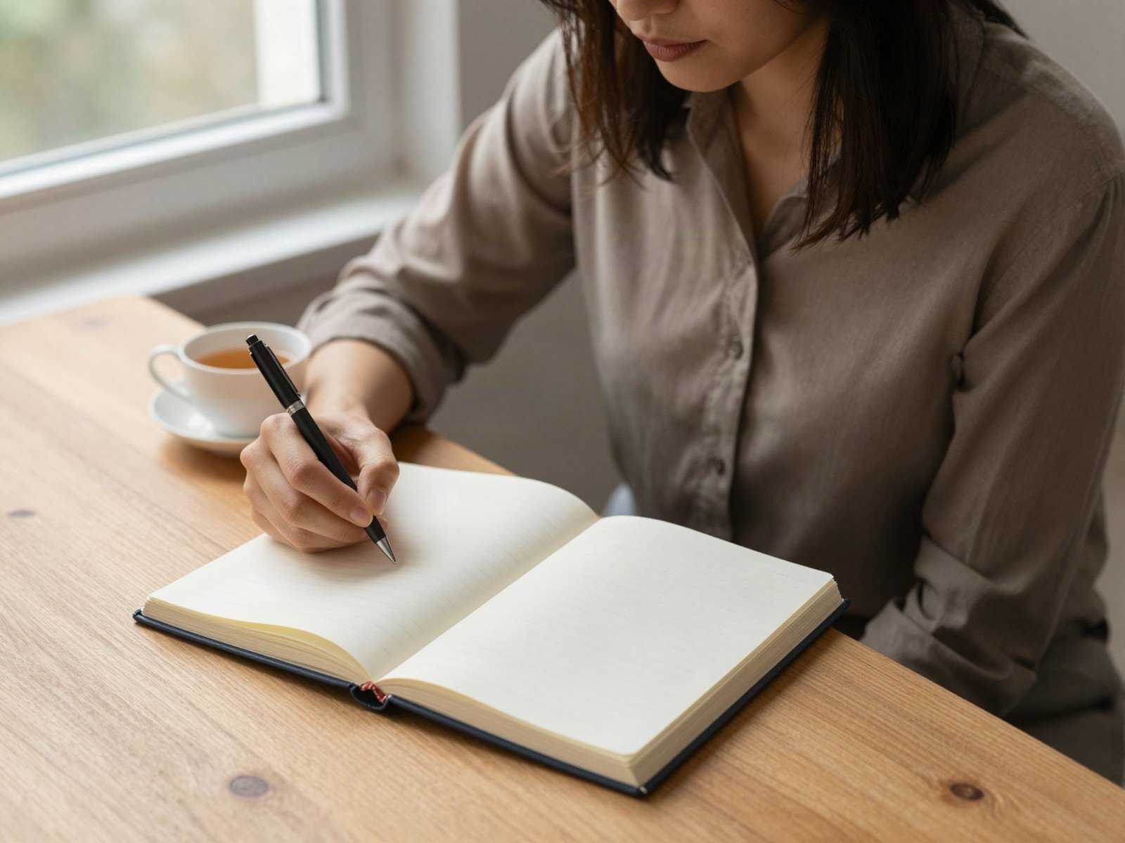 امرأة تكتب يومياتها مع كوب شاي بجانب نافذة مشمسة