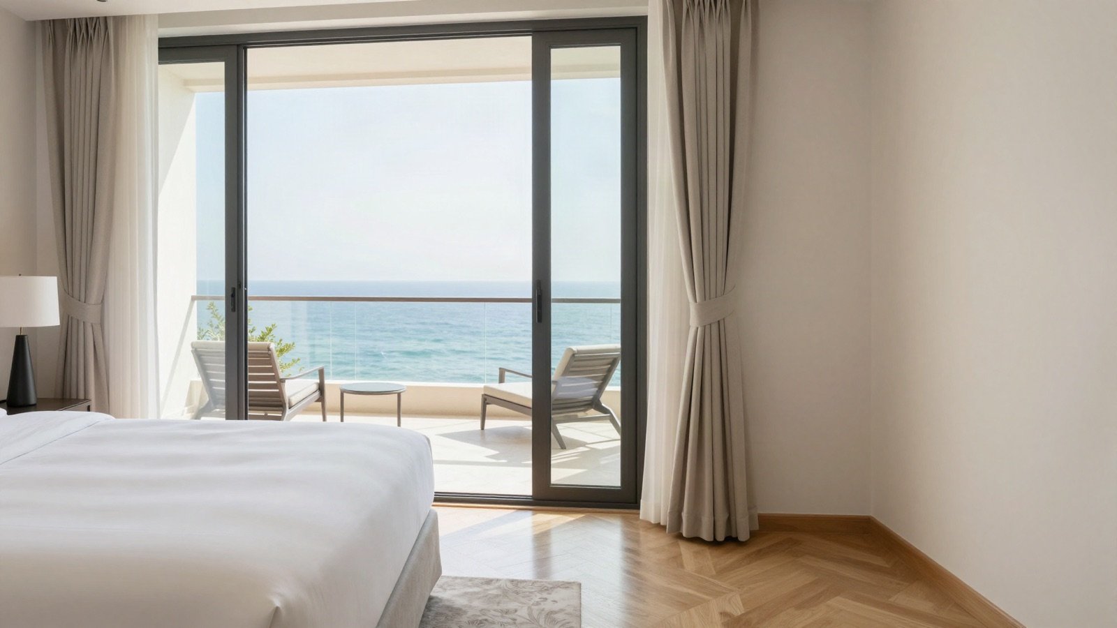 Bright hotel suite with open doors to a sea-view balcony