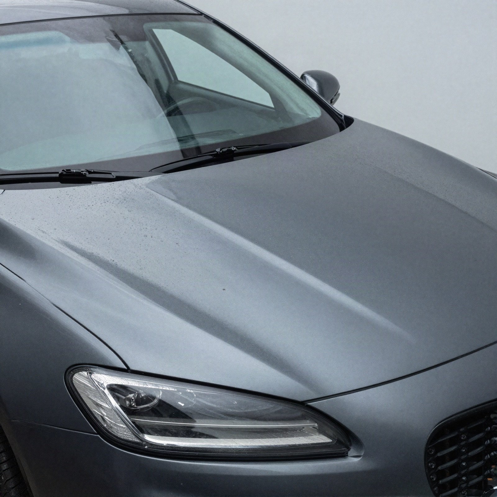 قطرات ماء على غطاء محرك سيارة رمادية ملمّع حديثًا