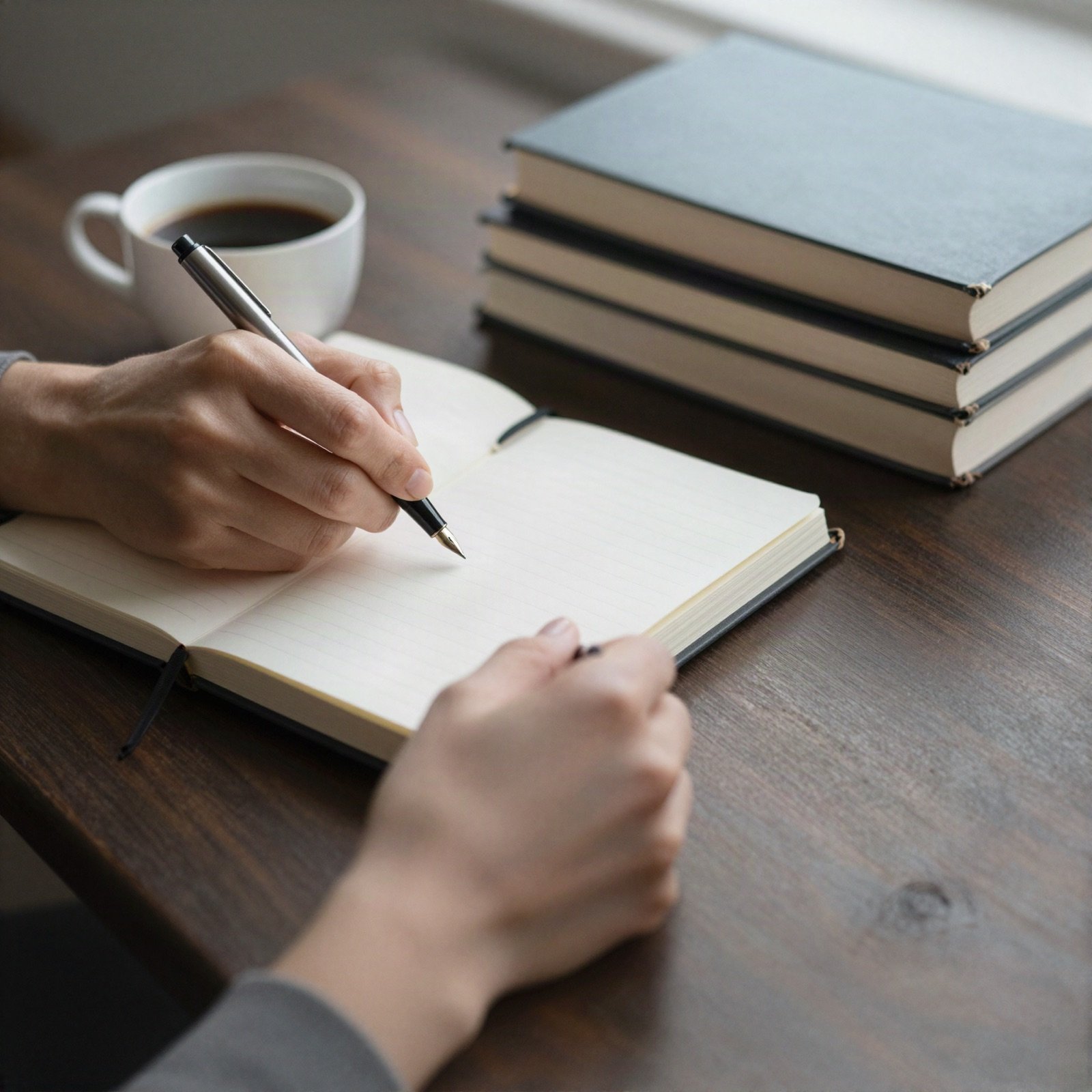 يد تكتب في دفتر بقلم بجانب قهوة وكومة من الكتب