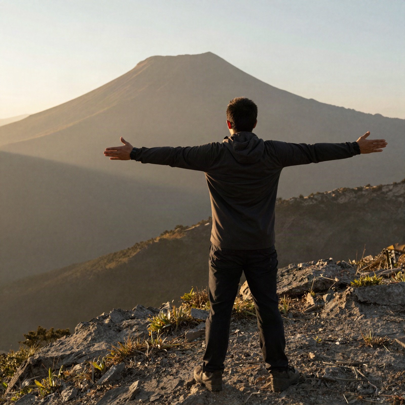 Person with open arms on a hilltop at sunrise