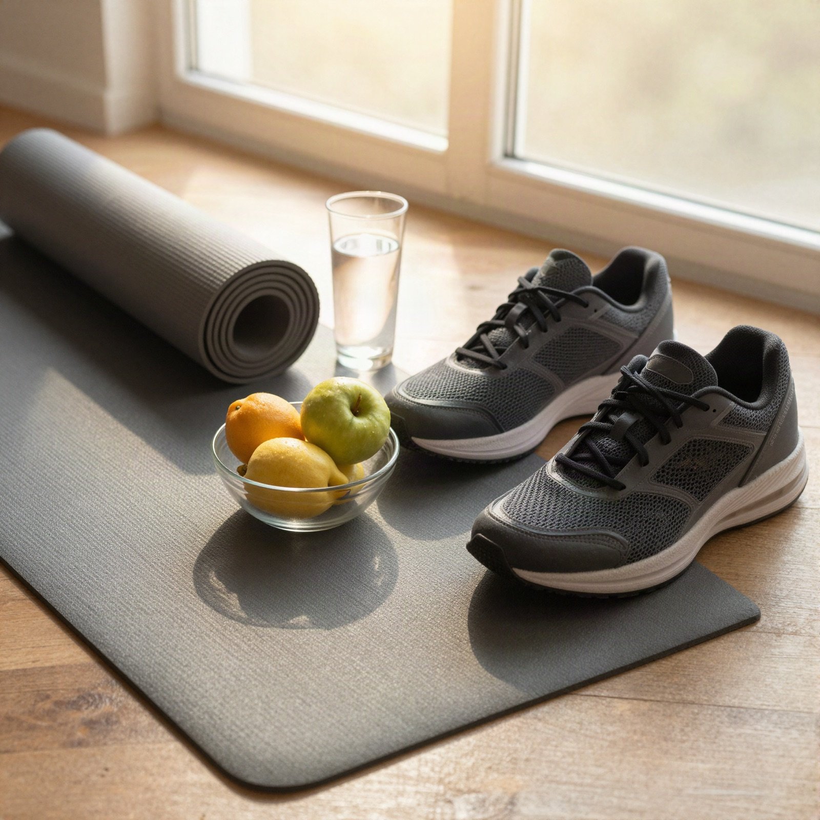 Yoga mat, water, fruit and running shoes by a sunny window