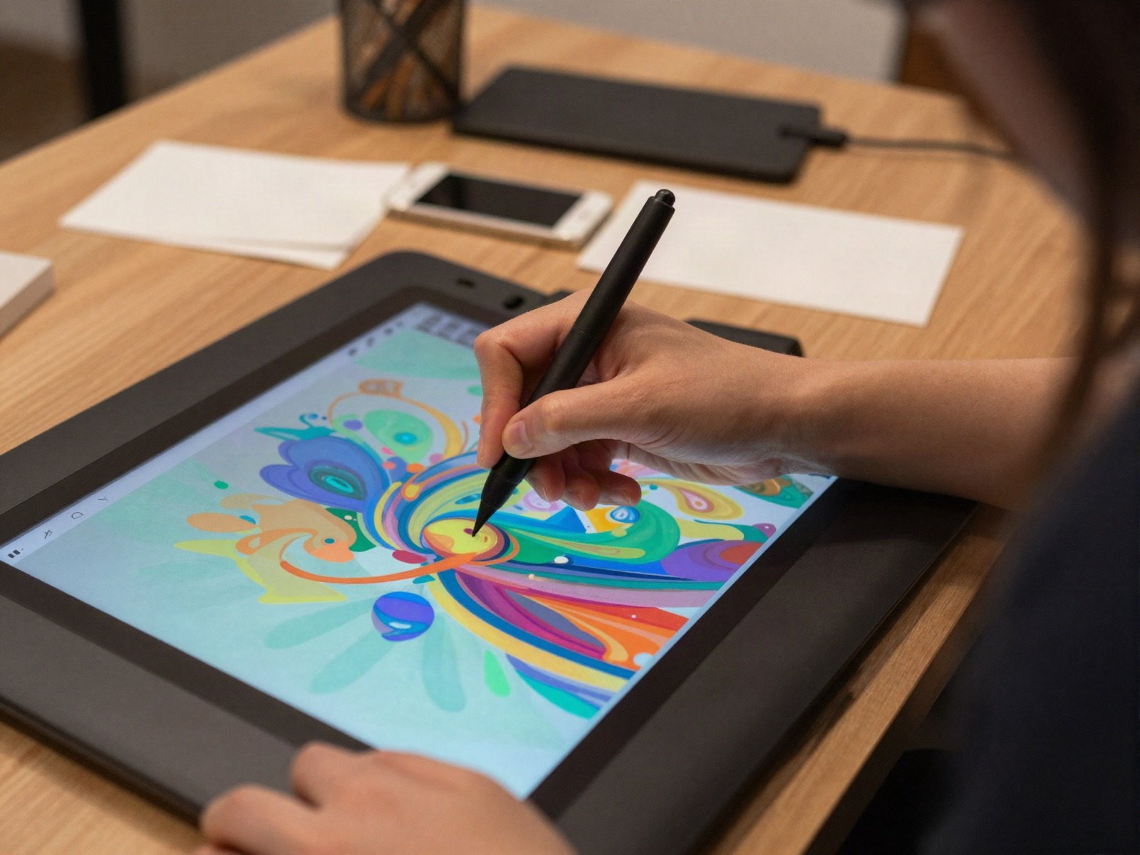 فنان رقمي يرسم تصميمًا تجريديًا ملوّنًا على لوح رسم رقمي