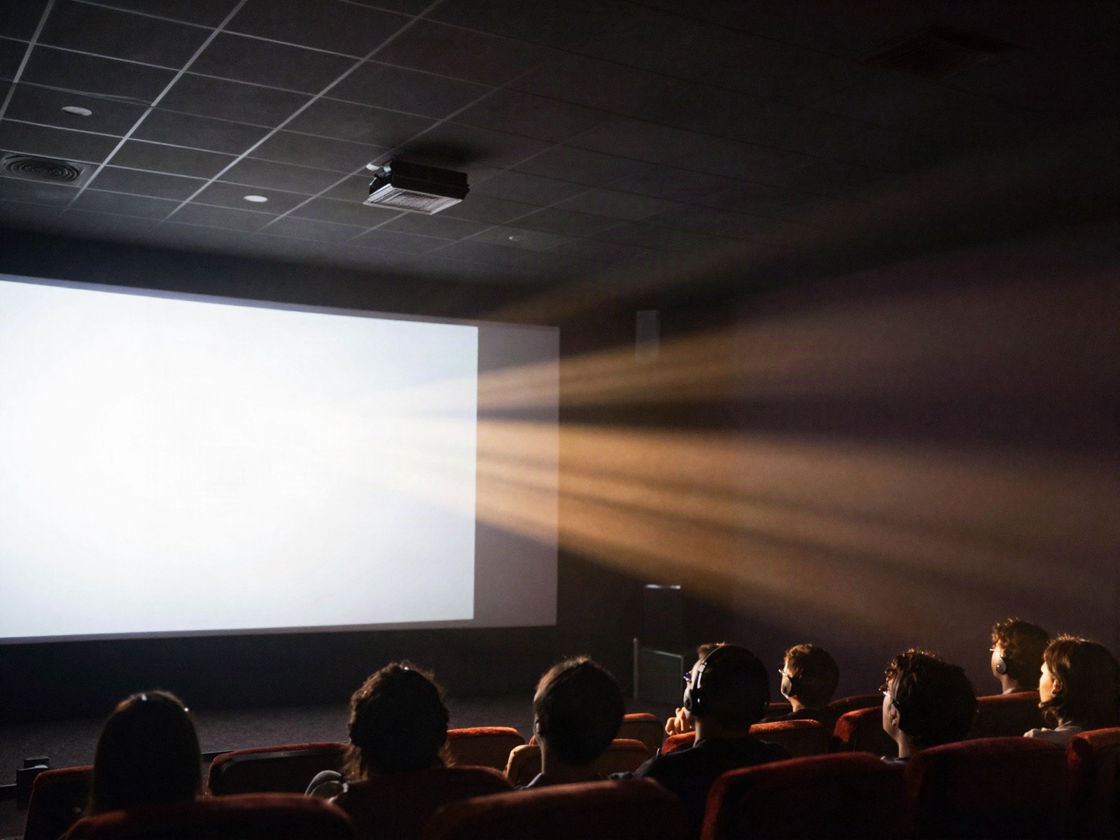 جمهور يشاهد شاشة مضيئة في قاعة سينما مظلمة