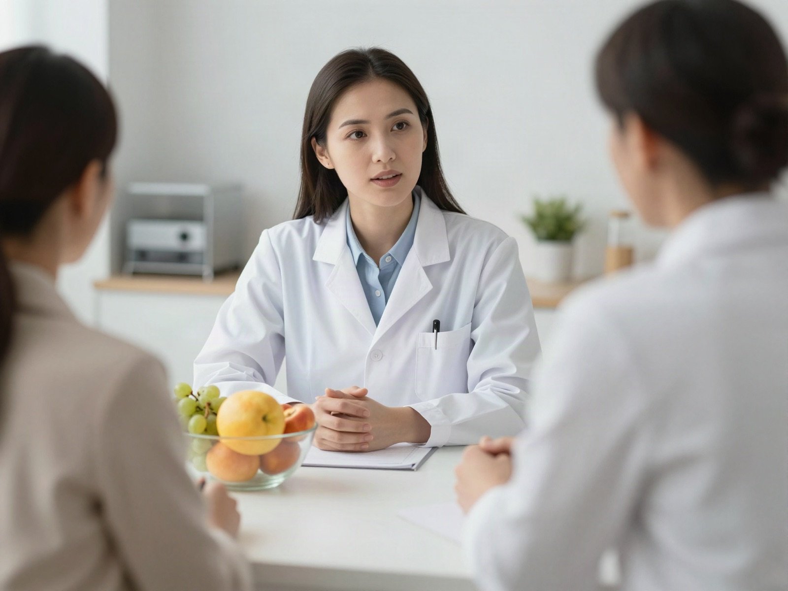أخصائية تغذية بمعطف أبيض تتحدث مع عملائها عبر مكتب عليه وعاء فاكهة