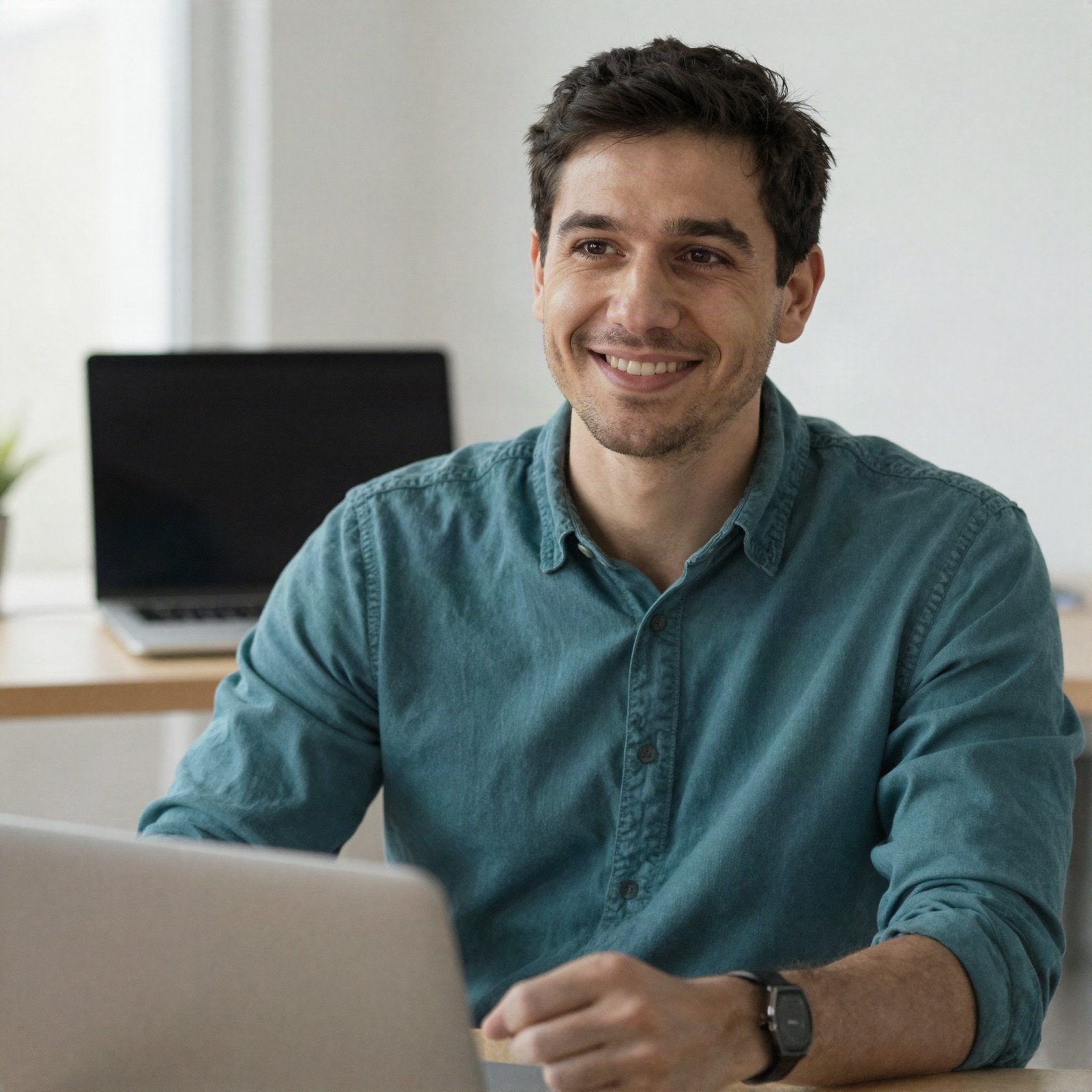 A smiling web development instructor in a teal shirt at his desk