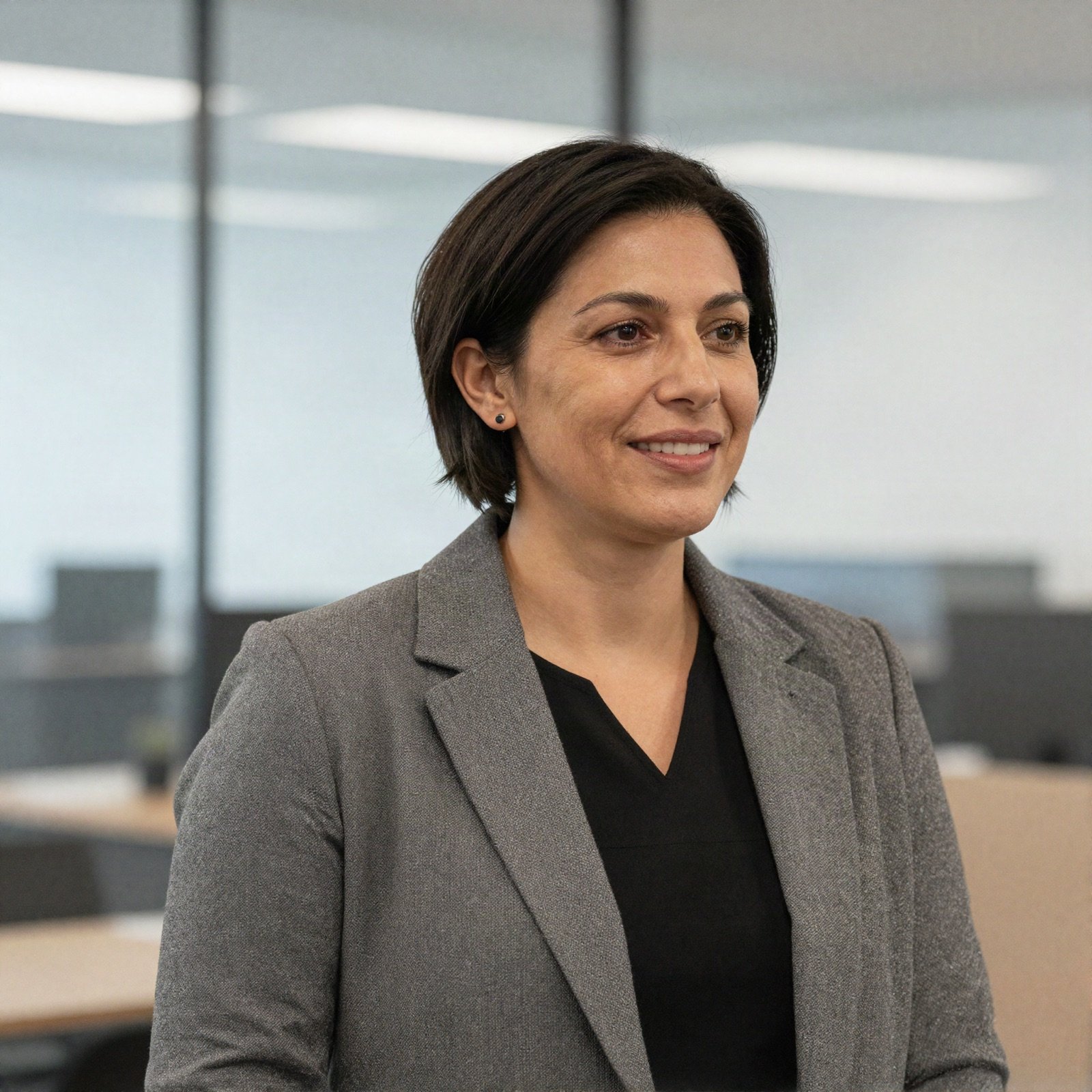 A marketing instructor with short dark hair in a grey blazer