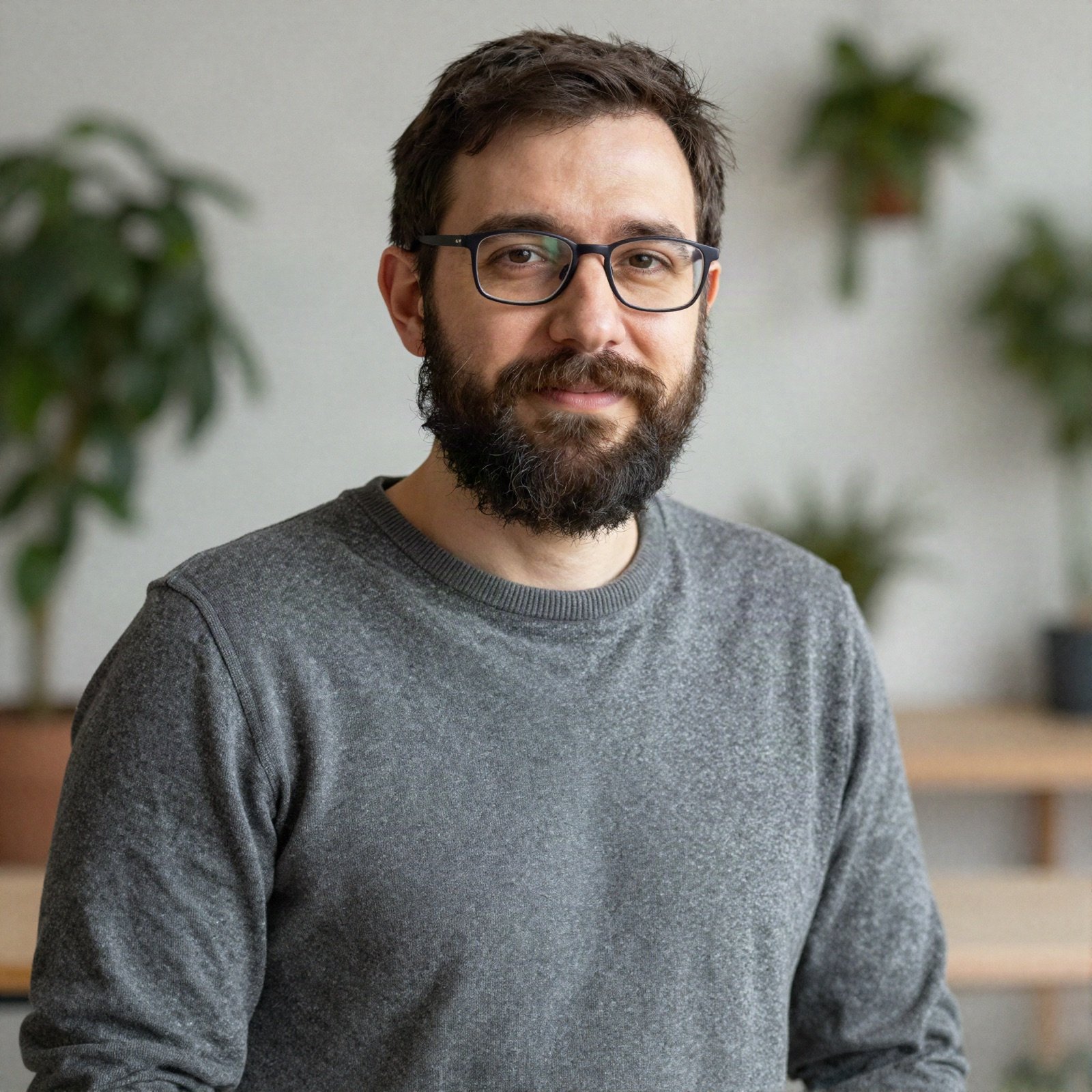A bearded WordPress instructor with glasses in a grey sweater