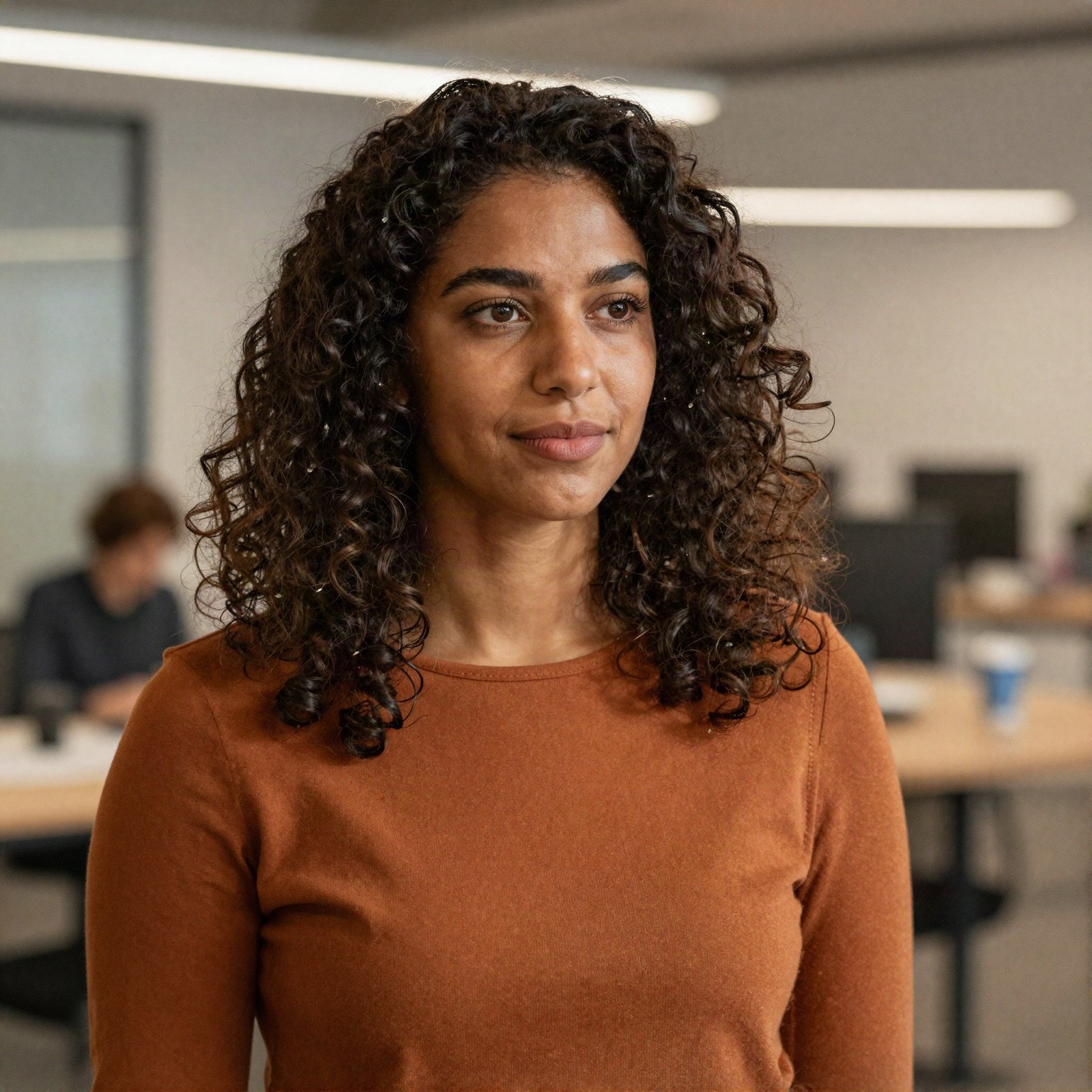 A JavaScript instructor with curly hair in an orange top
