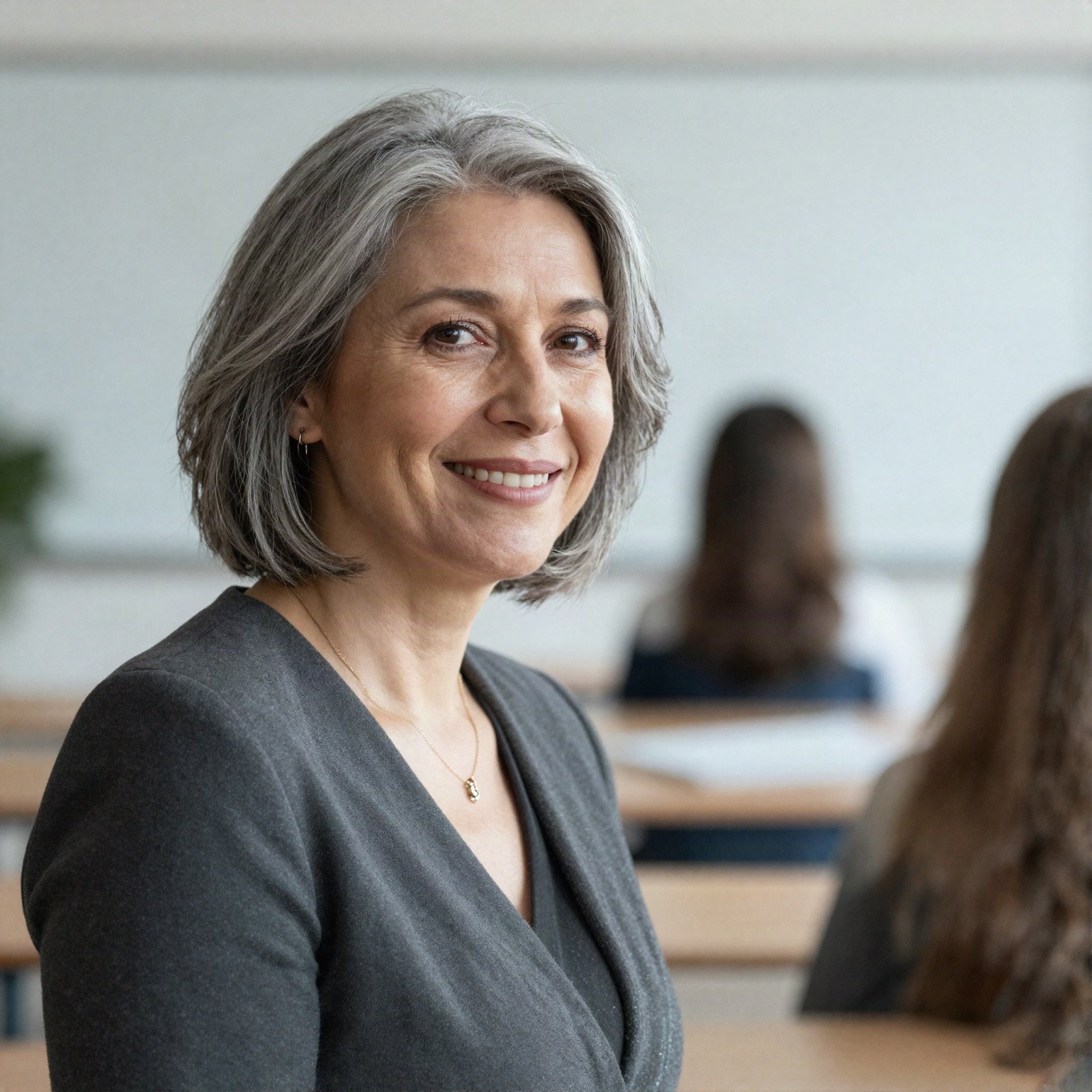 A smiling marketing teacher with grey hair in a classroom