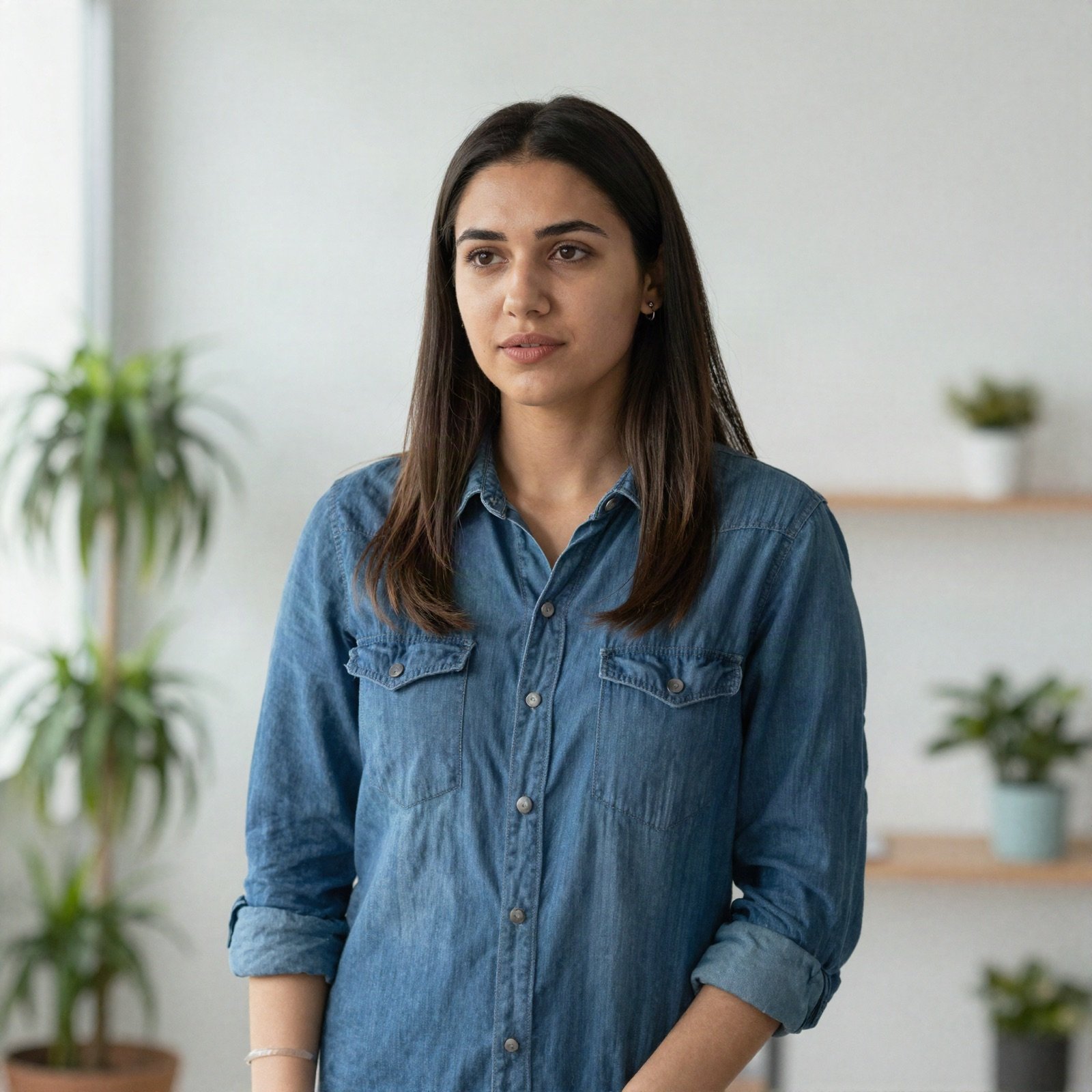 A PHP instructor with long dark hair in a denim shirt