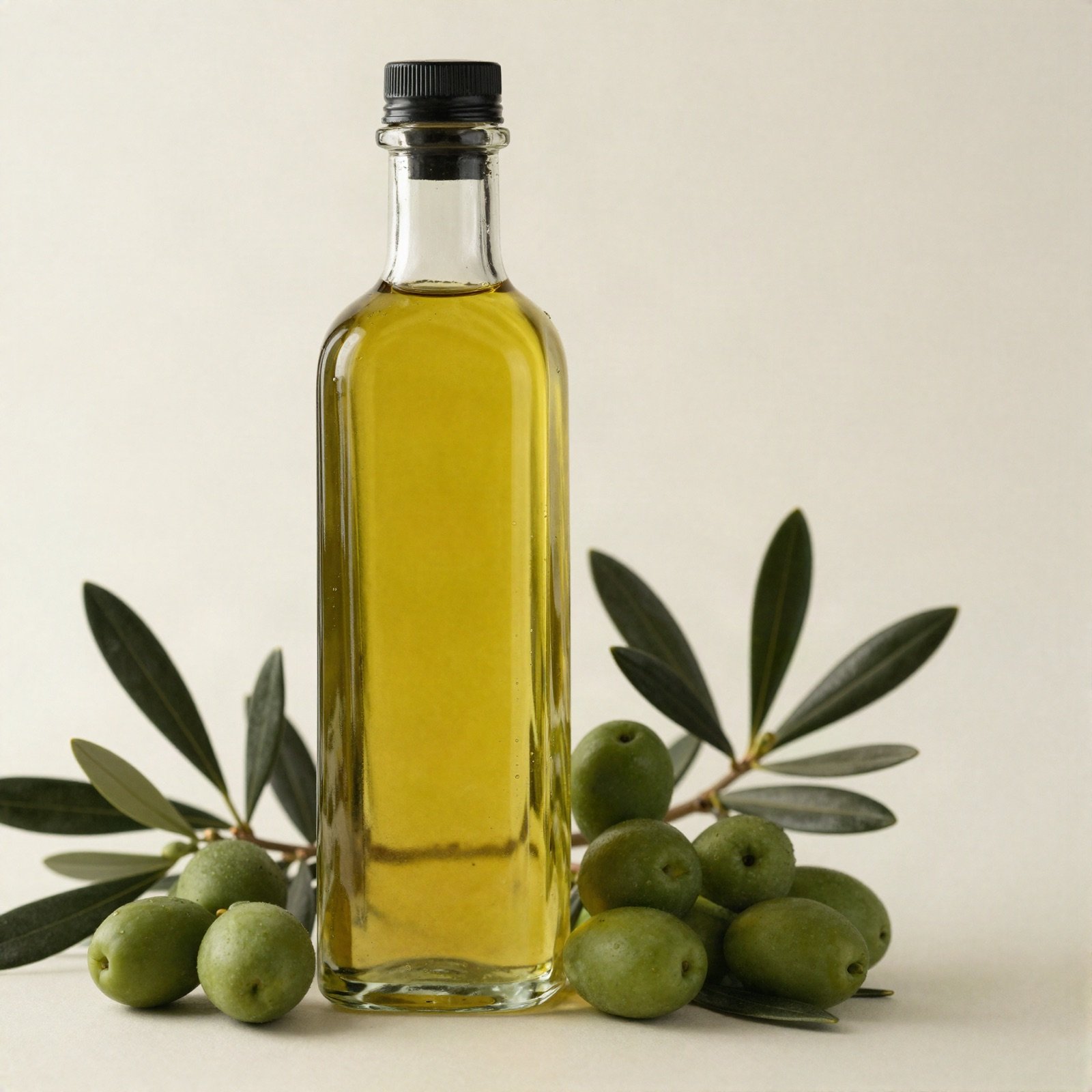 زجاجة من زيت الزيتون الذهبي مع زيتون أخضر وغصن زيتون