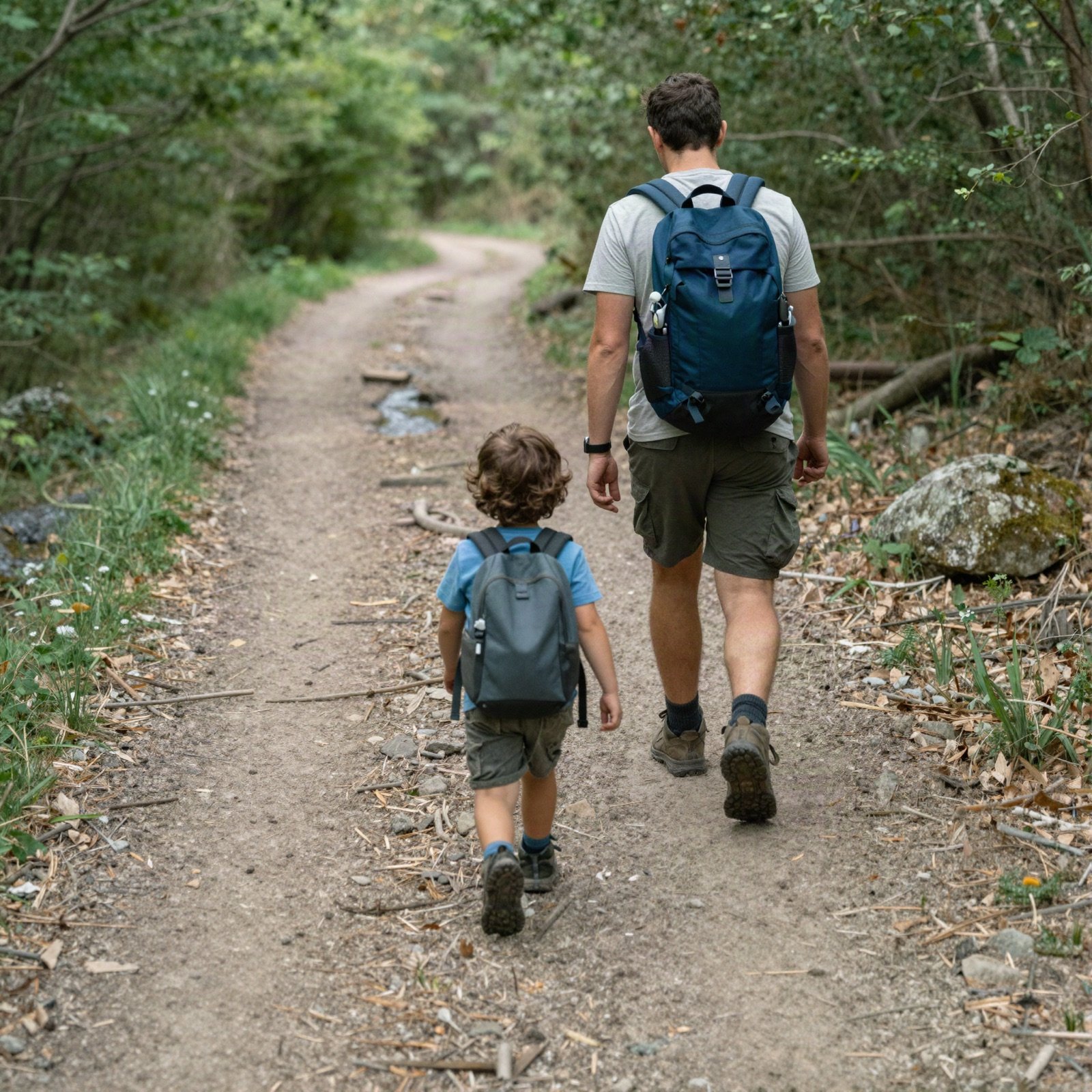 أب وابنه الصغير يسيران على درب في الغابة بحقيبتي ظهر صغيرتين
