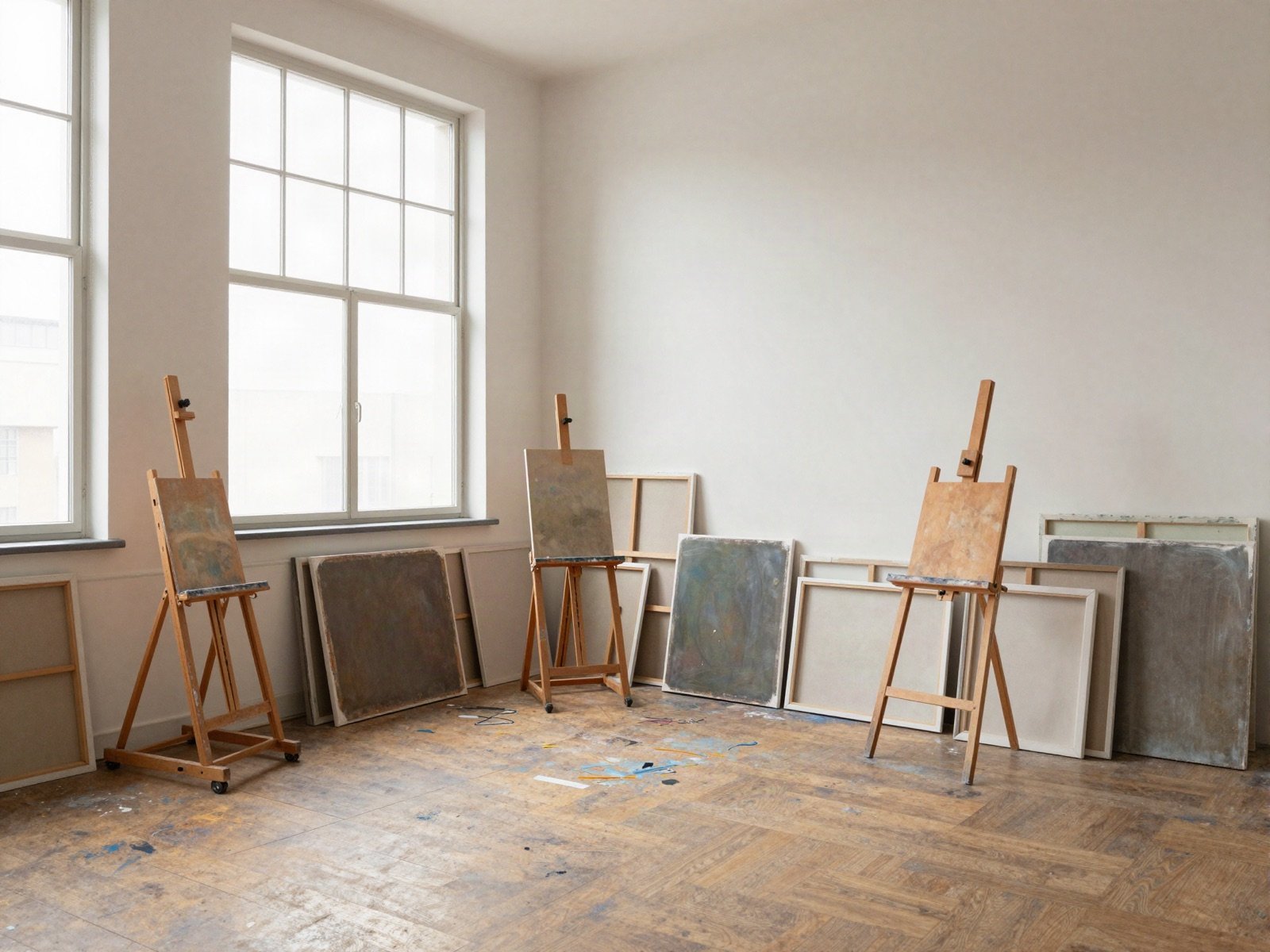 مرسم مشرق بنوافذ عالية وحوامل رسم ولوحات مكدسة