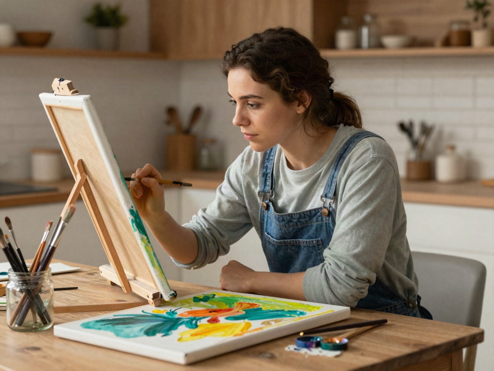 شابة ترسم لوحة ملونة على طاولة المطبخ
