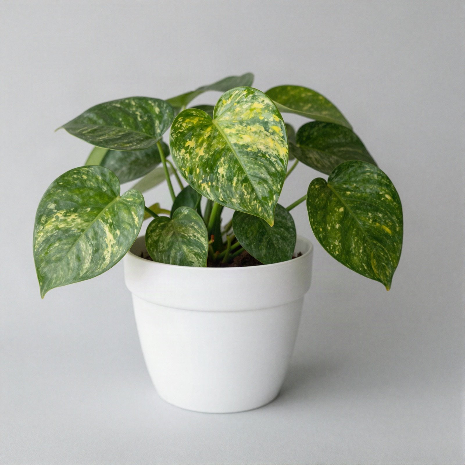 A variegated money plant with heart-shaped leaves in a white pot