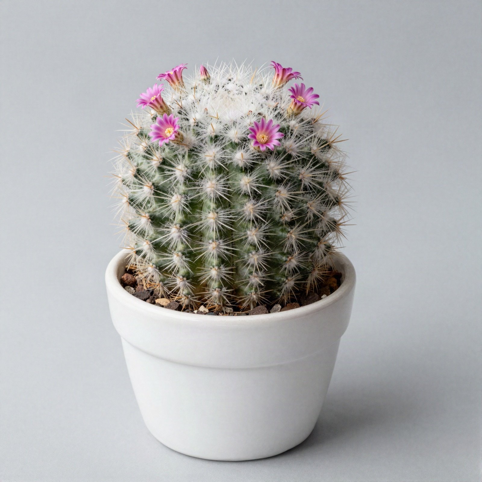 A round white woolly old lady cactus with pink flowers in a white pot