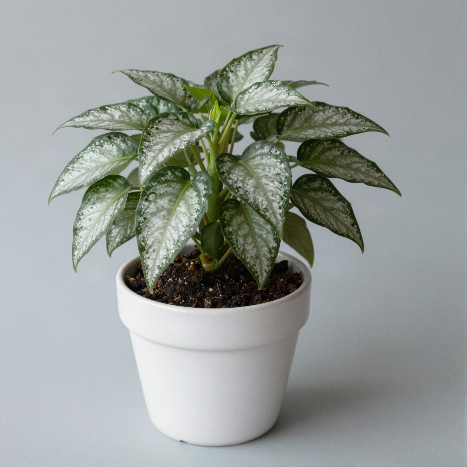 An aluminium plant with silver-patterned leaves in a white pot