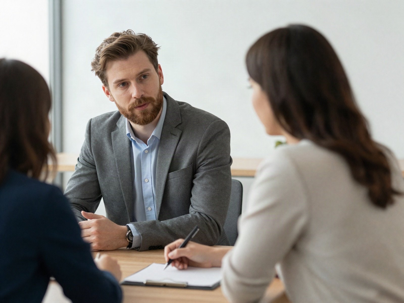 مستشار يستمع إلى عميل عبر طاولة الاجتماعات