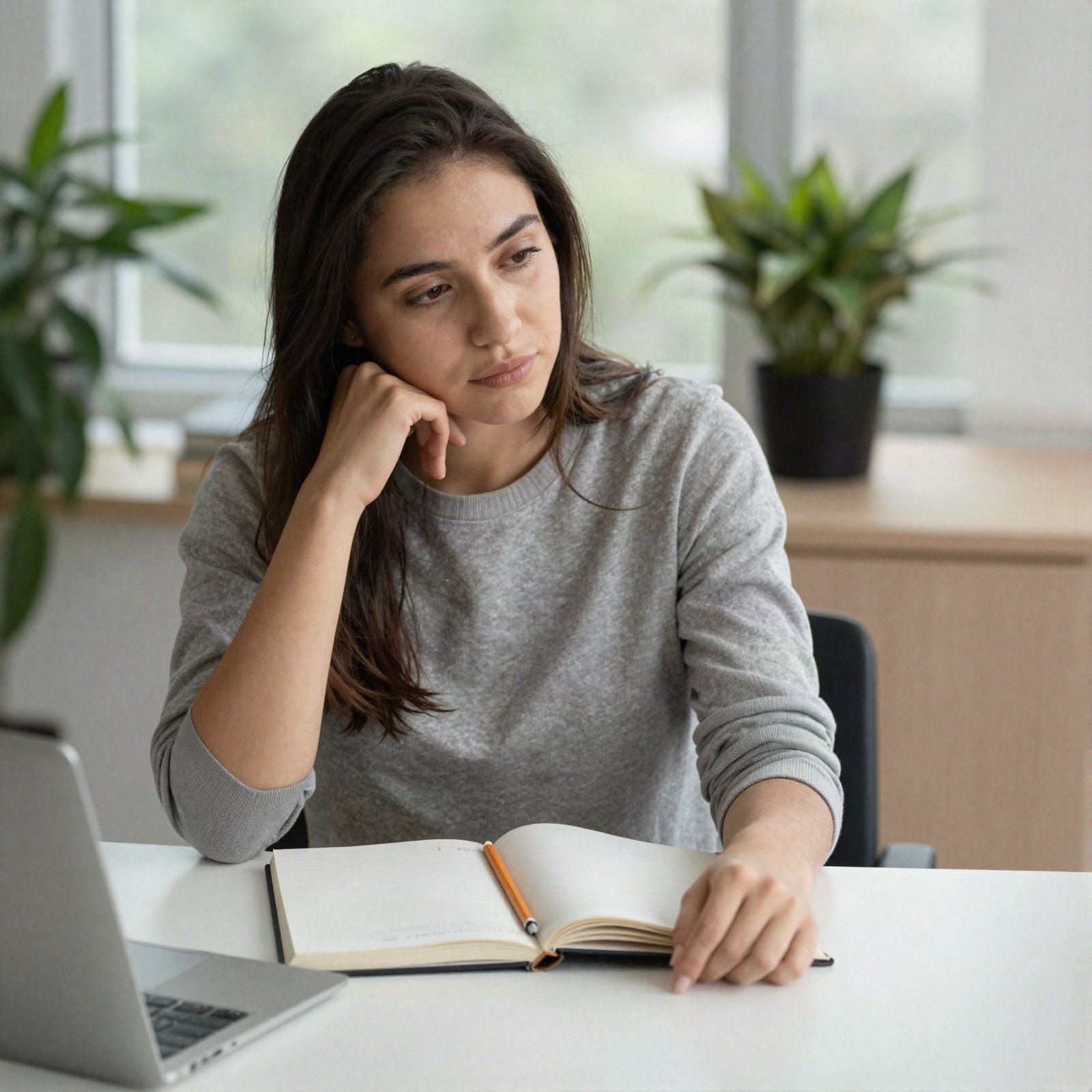شابة متأملة على مكتب أمامها دفتر مفتوح قرب النافذة