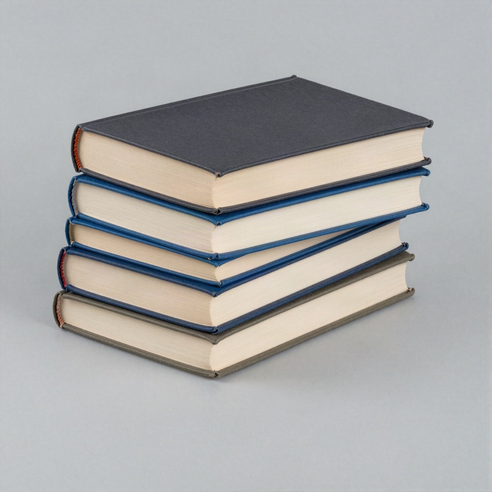 كومة من الكتب بأغلفة مقوّاة بألوان الكحلي والأزرق والفحمي