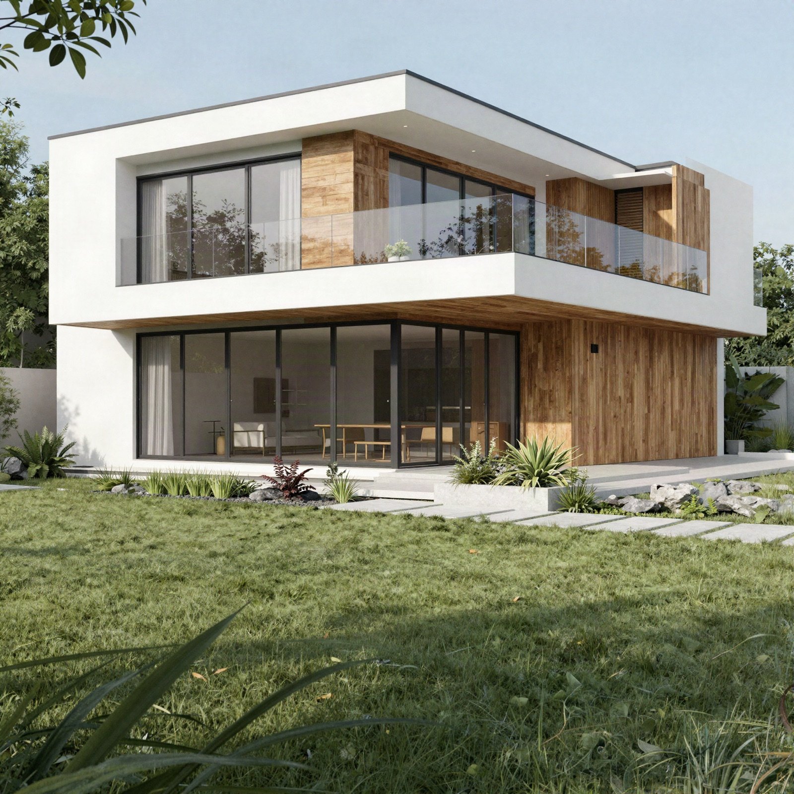 منزل أبيض عصري بكسوة خشبية ونوافذ كبيرة
