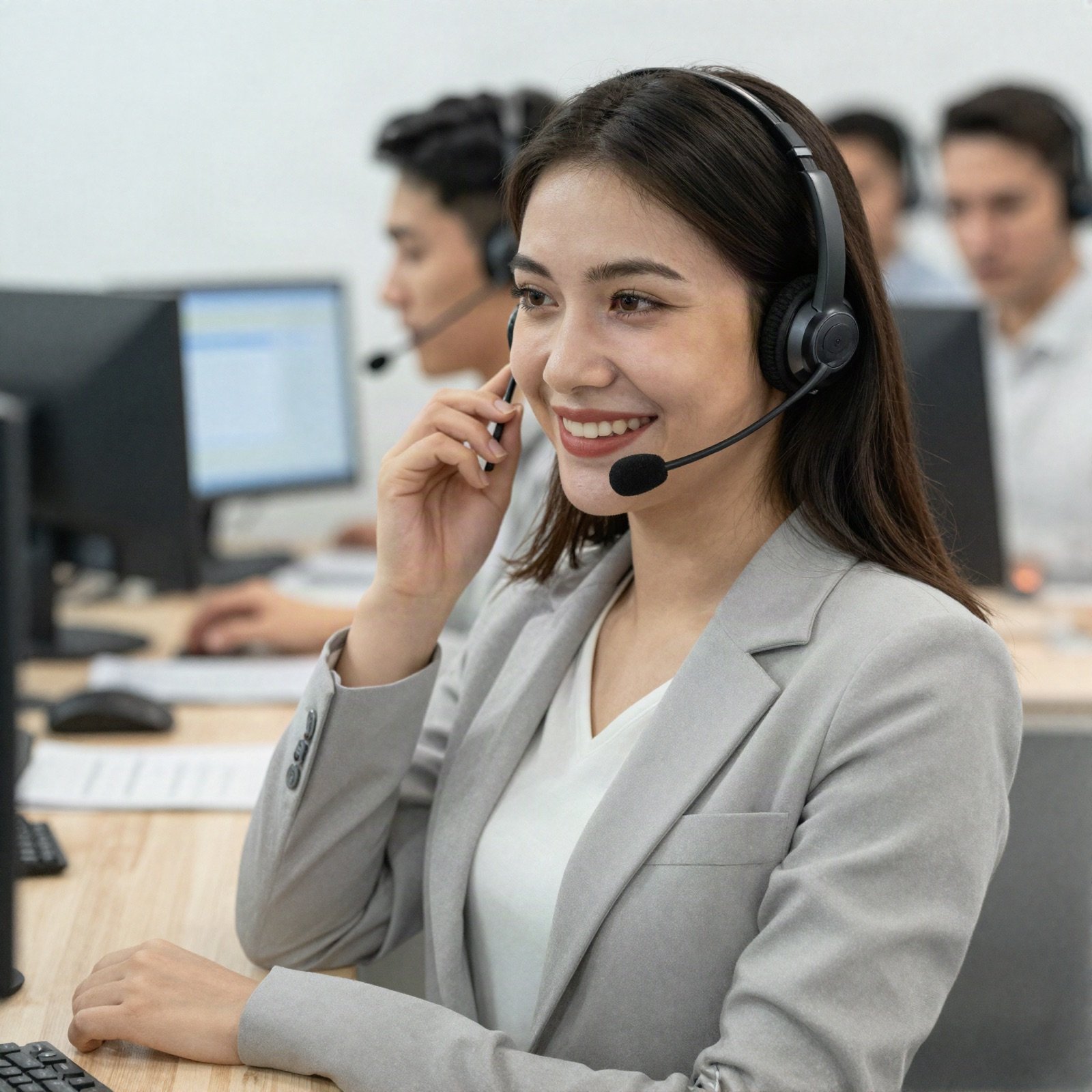 أخصائية دعم عملاء مبتسمة ترتدي سماعة رأس