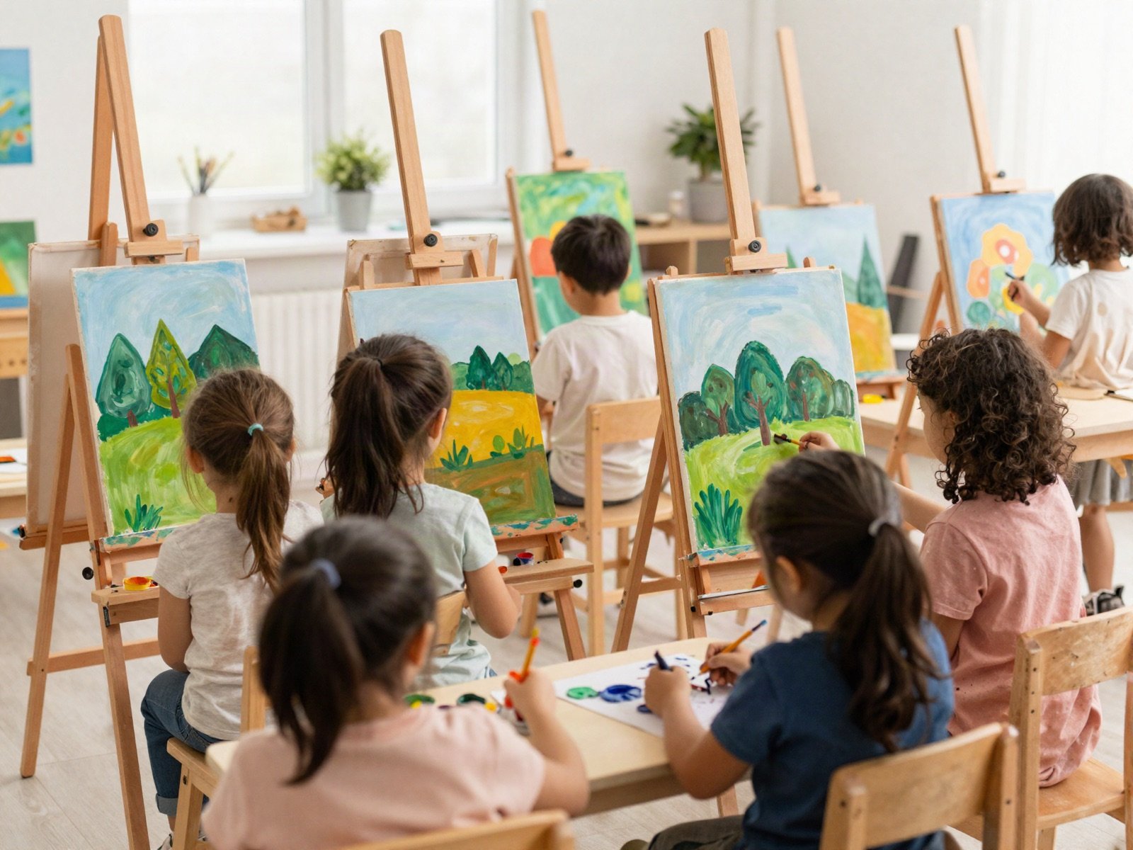 أطفال يرسمون مناظر طبيعية على الحوامل في ركن الفنون