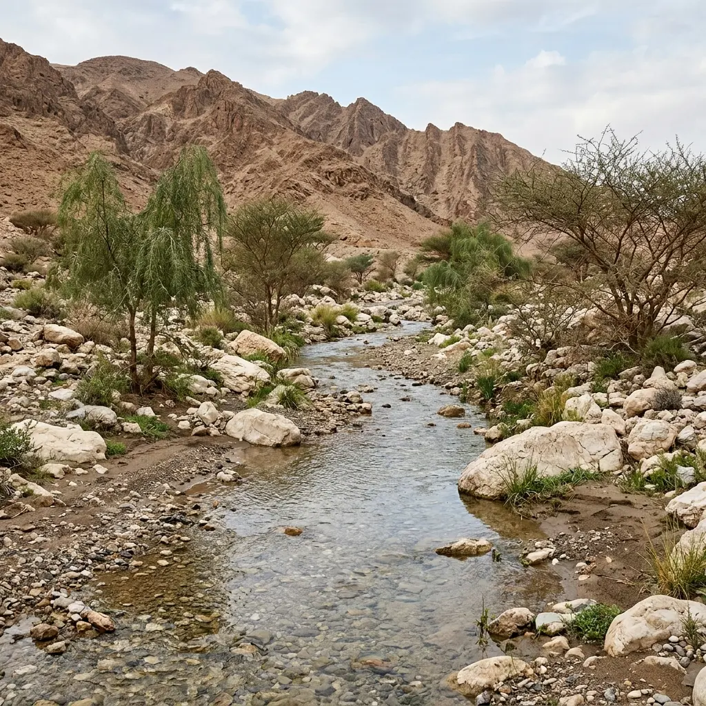 A clear stream in a rocky wadi lined with ghaf and acacia trees