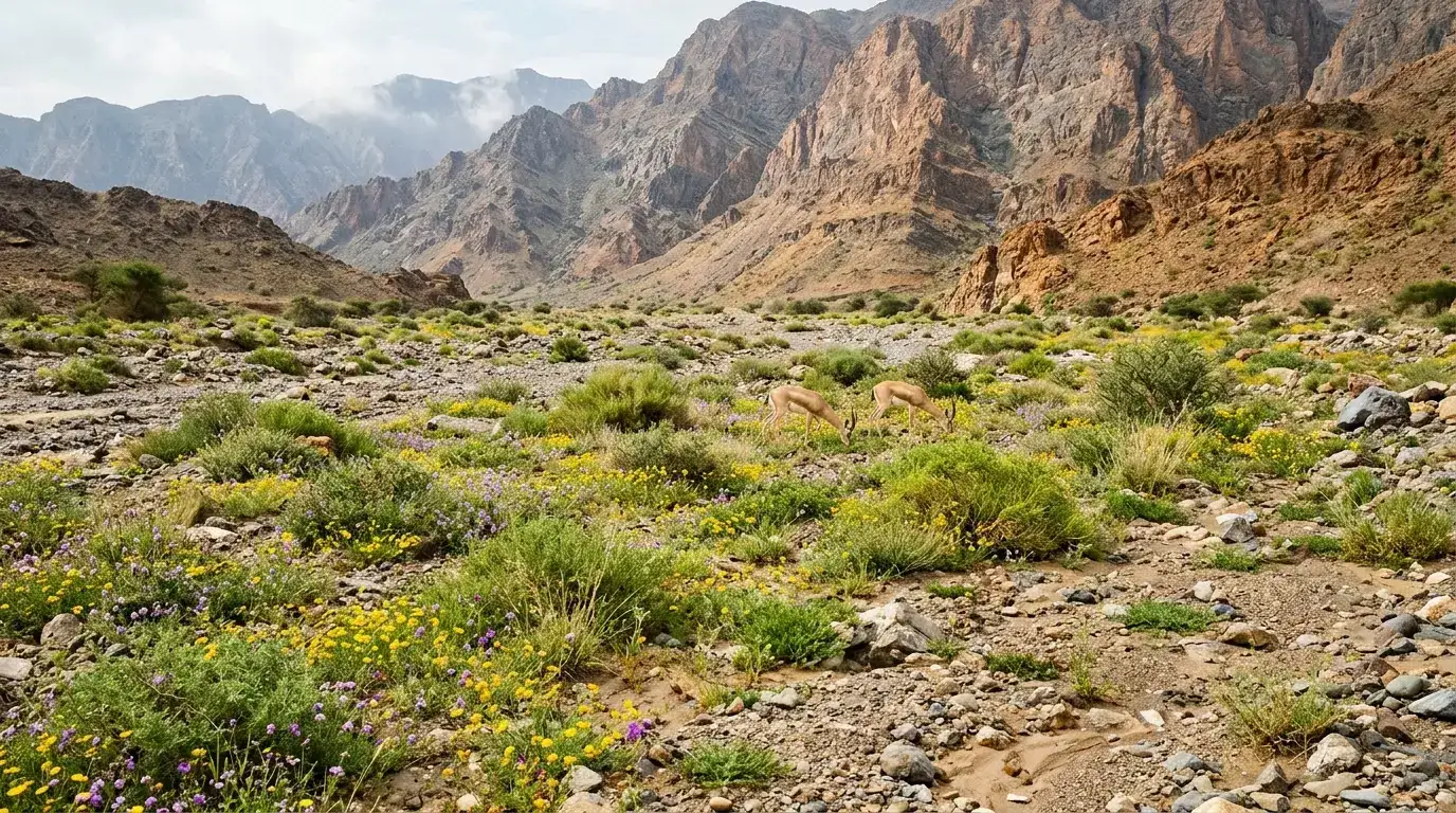 Spring wildflowers in a desert wadi with sand gazelles grazing beyond