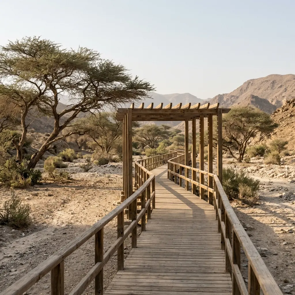 A shaded wooden boardwalk trail through acacia trees in the wadi